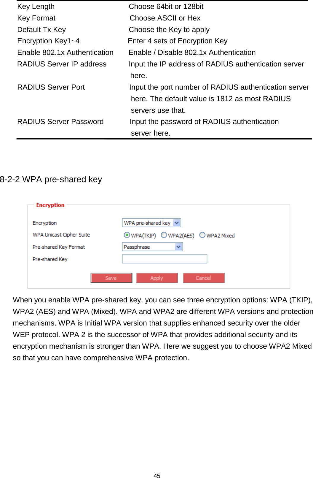 45  Key Length                    Choose 64bit or 128bit Key Format                    Choose ASCII or Hex Default Tx Key                 Choose the Key to apply Encryption Key1~4             Enter 4 sets of Encryption Key Enable 802.1x Authentication    Enable / Disable 802.1x Authentication RADIUS Server IP address      Input the IP address of RADIUS authentication server here. RADIUS Server Port            Input the port number of RADIUS authentication server here. The default value is 1812 as most RADIUS servers use that. RADIUS Server Password       Input the password of RADIUS authentication server here.   8-2-2 WPA pre-shared key  When you enable WPA pre-shared key, you can see three encryption options: WPA (TKIP), WPA2 (AES) and WPA (Mixed). WPA and WPA2 are different WPA versions and protection mechanisms. WPA is Initial WPA version that supplies enhanced security over the older WEP protocol. WPA 2 is the successor of WPA that provides additional security and its encryption mechanism is stronger than WPA. Here we suggest you to choose WPA2 Mixed so that you can have comprehensive WPA protection.    