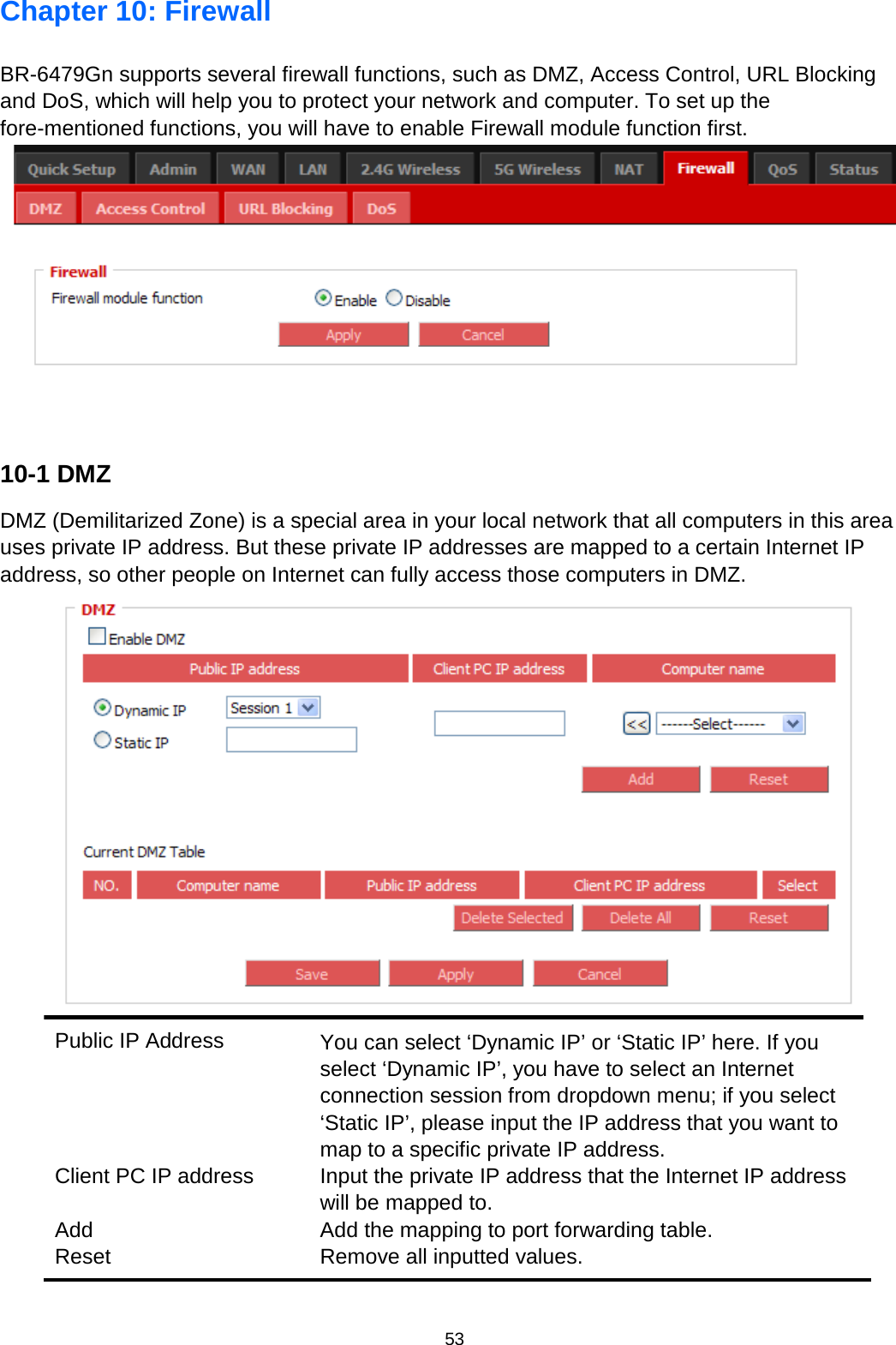 53  Chapter 10: Firewall BR-6479Gn supports several firewall functions, such as DMZ, Access Control, URL Blocking and DoS, which will help you to protect your network and computer. To set up the fore-mentioned functions, you will have to enable Firewall module function first.      10-1 DMZ DMZ (Demilitarized Zone) is a special area in your local network that all computers in this area uses private IP address. But these private IP addresses are mapped to a certain Internet IP address, so other people on Internet can fully access those computers in DMZ.     Public IP Address You can select ‘Dynamic IP’ or ‘Static IP’ here. If you select ‘Dynamic IP’, you have to select an Internet connection session from dropdown menu; if you select ‘Static IP’, please input the IP address that you want to map to a specific private IP address. Client PC IP address  Input the private IP address that the Internet IP address will be mapped to. Add Add the mapping to port forwarding table. Reset Remove all inputted values. 