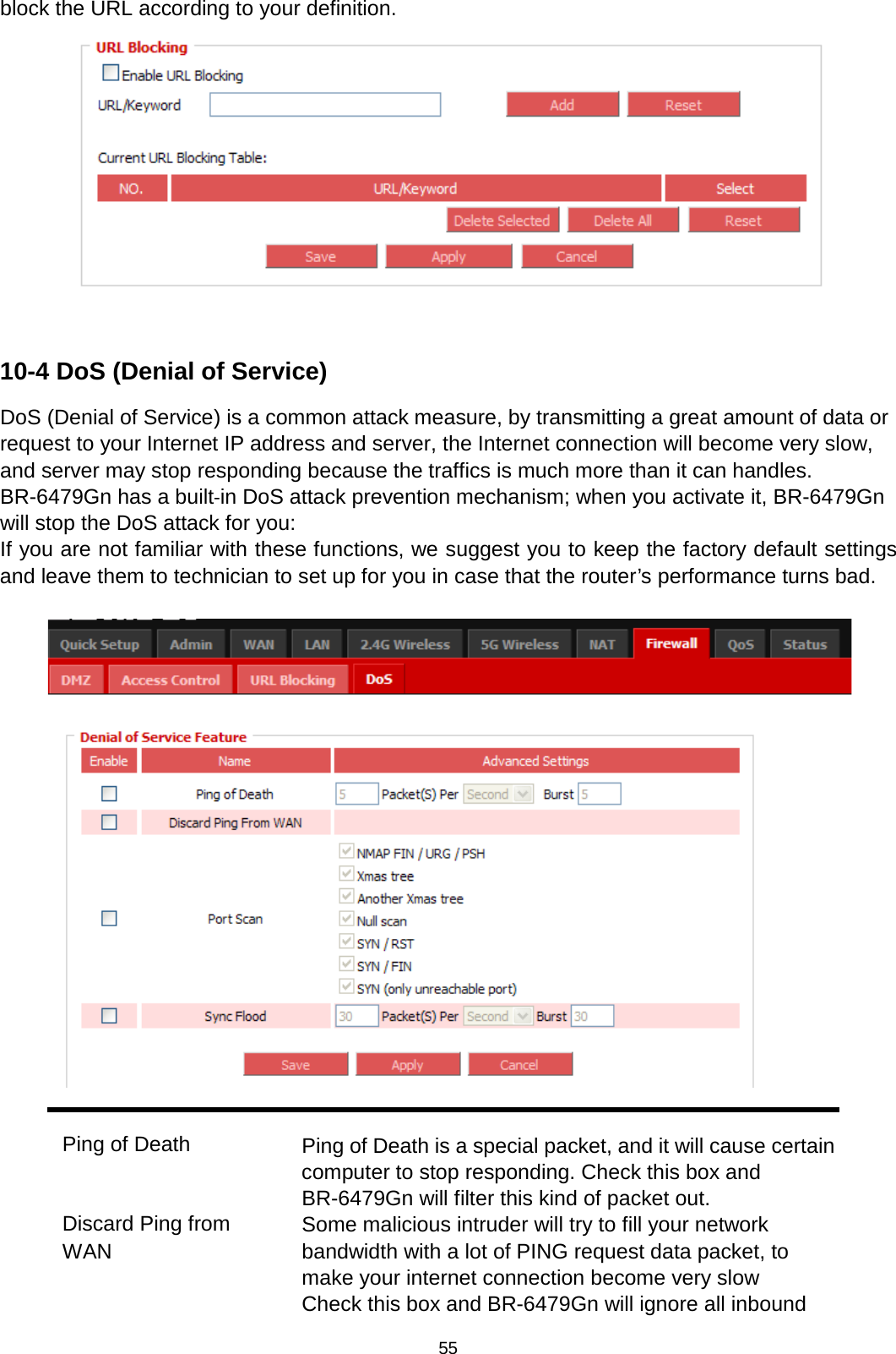 55  block the URL according to your definition.     10-4 DoS (Denial of Service) DoS (Denial of Service) is a common attack measure, by transmitting a great amount of data or request to your Internet IP address and server, the Internet connection will become very slow, and server may stop responding because the traffics is much more than it can handles. BR-6479Gn has a built‐in DoS attack prevention mechanism; when you activate it, BR-6479Gn will stop the DoS attack for you: If you are not familiar with these functions, we suggest you to keep the factory default settings and leave them to technician to set up for you in case that the router’s performance turns bad.    Ping of Death Ping of Death is a special packet, and it will cause certain computer to stop responding. Check this box and BR-6479Gn will filter this kind of packet out. Discard Ping from WAN Some malicious intruder will try to fill your network bandwidth with a lot of PING request data packet, to make your internet connection become very slow Check this box and BR-6479Gn will ignore all inbound 