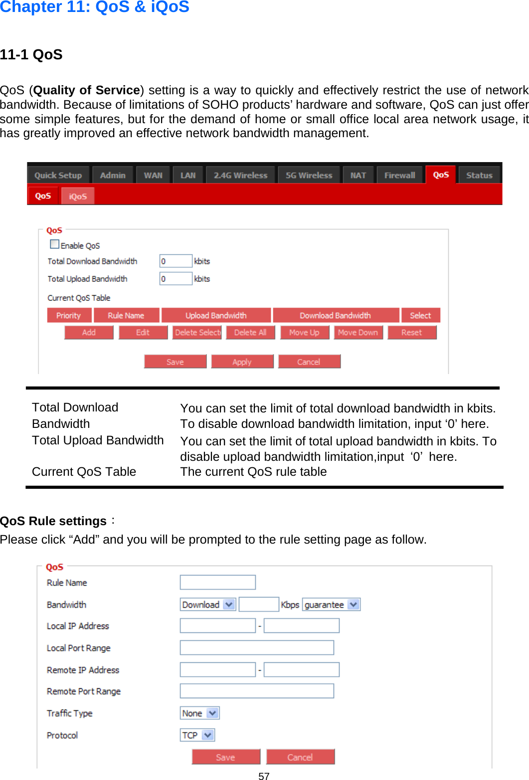 57  Chapter 11: QoS &amp; iQoS 11-1 QoS QoS (Quality of Service) setting is a way to quickly and effectively restrict the use of network bandwidth. Because of limitations of SOHO products’ hardware and software, QoS can just offer some simple features, but for the demand of home or small office local area network usage, it has greatly improved an effective network bandwidth management.      Total Download Bandwidth You can set the limit of total download bandwidth in kbits. To disable download bandwidth limitation, input ‘0’ here. Total Upload Bandwidth You can set the limit of total upload bandwidth in kbits. To disable upload bandwidth limitation,input  ‘0’ here. Current QoS Table The current QoS rule table   QoS Rule settings： Please click “Add” and you will be prompted to the rule setting page as follow.    