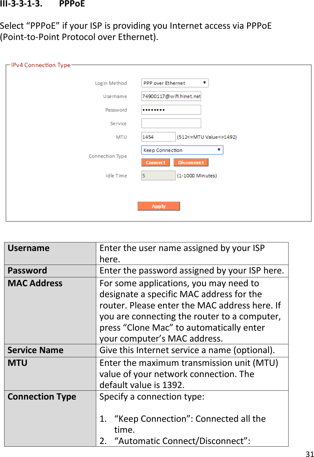 31  III-3-3-1-3.    PPPoE  Select “PPPoE” if your ISP is providing you Internet access via PPPoE (Point-to-Point Protocol over Ethernet).    Username Enter the user name assigned by your ISP here. Password Enter the password assigned by your ISP here. MAC Address For some applications, you may need to designate a specific MAC address for the router. Please enter the MAC address here. If you are connecting the router to a computer, press “Clone Mac” to automatically enter your computer’s MAC address. Service Name Give this Internet service a name (optional). MTU Enter the maximum transmission unit (MTU) value of your network connection. The default value is 1392. Connection Type Specify a connection type:  1. “Keep Connection”: Connected all the time. 2. “Automatic Connect/Disconnect”: 