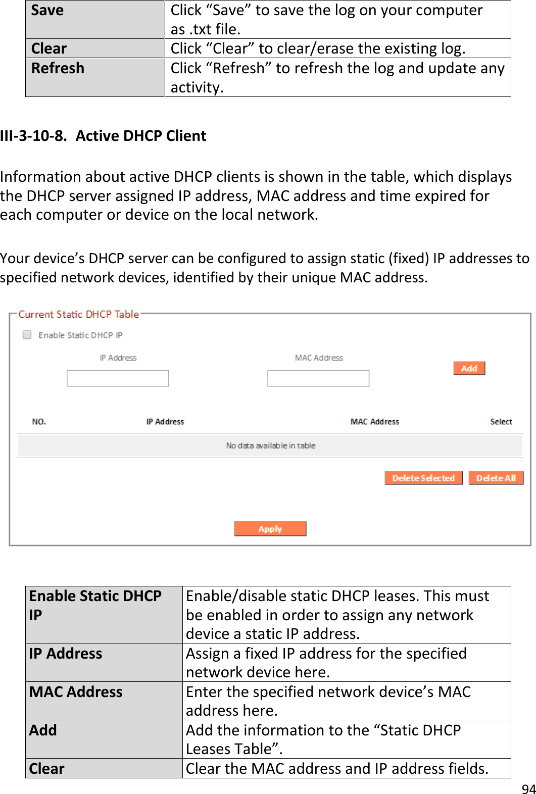 94  Save Click “Save” to save the log on your computer as .txt file. Clear Click “Clear” to clear/erase the existing log. Refresh Click “Refresh” to refresh the log and update any activity.  III-3-10-8.  Active DHCP Client  Information about active DHCP clients is shown in the table, which displays the DHCP server assigned IP address, MAC address and time expired for each computer or device on the local network.  Your device’s DHCP server can be configured to assign static (fixed) IP addresses to specified network devices, identified by their unique MAC address.     Enable Static DHCP IP Enable/disable static DHCP leases. This must be enabled in order to assign any network device a static IP address.  IP Address Assign a fixed IP address for the specified network device here. MAC Address Enter the specified network device’s MAC address here. Add Add the information to the “Static DHCP Leases Table”. Clear Clear the MAC address and IP address fields. 