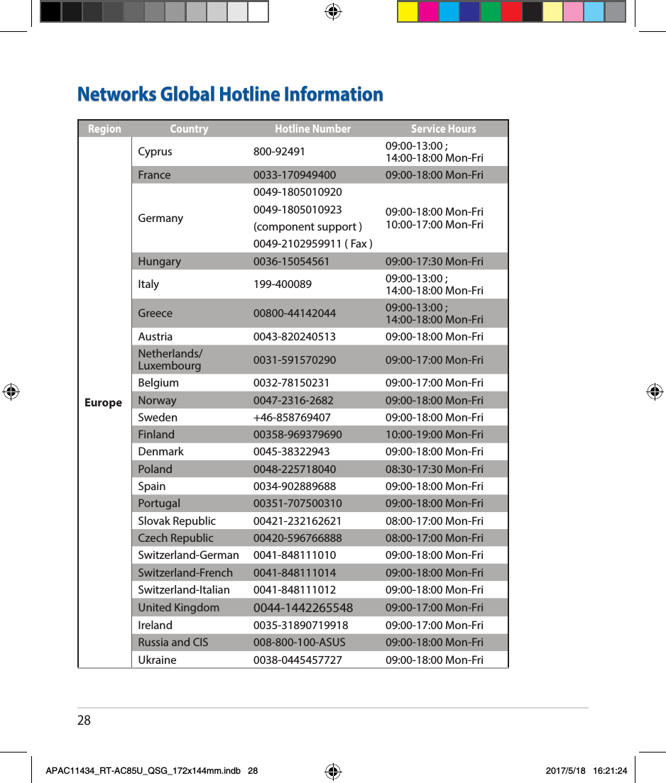 28Networks Global Hotline InformationRegion Country Hotline Number Service HoursEuropeCyprus 800-92491 09:00-13:00 ; 14:00-18:00 Mon-FriFrance 0033-170949400 09:00-18:00 Mon-FriGermany0049-180501092009:00-18:00 Mon-Fri10:00-17:00 Mon-Fri0049-1805010923(component support )0049-2102959911 ( Fax )Hungary 0036-15054561 09:00-17:30 Mon-FriItaly 199-400089 09:00-13:00 ; 14:00-18:00 Mon-FriGreece 00800-44142044 09:00-13:00 ; 14:00-18:00 Mon-FriAustria 0043-820240513 09:00-18:00 Mon-FriNetherlands/Luxembourg 0031-591570290 09:00-17:00 Mon-FriBelgium 0032-78150231 09:00-17:00 Mon-FriNorway 0047-2316-2682 09:00-18:00 Mon-FriSweden +46-858769407 09:00-18:00 Mon-FriFinland 00358-969379690 10:00-19:00 Mon-FriDenmark 0045-38322943 09:00-18:00 Mon-FriPoland 0048-225718040 08:30-17:30 Mon-FriSpain 0034-902889688 09:00-18:00 Mon-FriPortugal 00351-707500310 09:00-18:00 Mon-FriSlovak Republic 00421-232162621 08:00-17:00 Mon-FriCzech Republic 00420-596766888 08:00-17:00 Mon-FriSwitzerland-German 0041-848111010 09:00-18:00 Mon-FriSwitzerland-French 0041-848111014 09:00-18:00 Mon-FriSwitzerland-Italian 0041-848111012 09:00-18:00 Mon-FriUnited Kingdom 0044-1442265548 09:00-17:00 Mon-FriIreland 0035-31890719918 09:00-17:00 Mon-FriRussia and CIS 008-800-100-ASUS 09:00-18:00 Mon-FriUkraine 0038-0445457727 09:00-18:00 Mon-FriAPAC11434_RT-AC85U_QSG_172x144mm.indb   28 2017/5/18   16:21:24