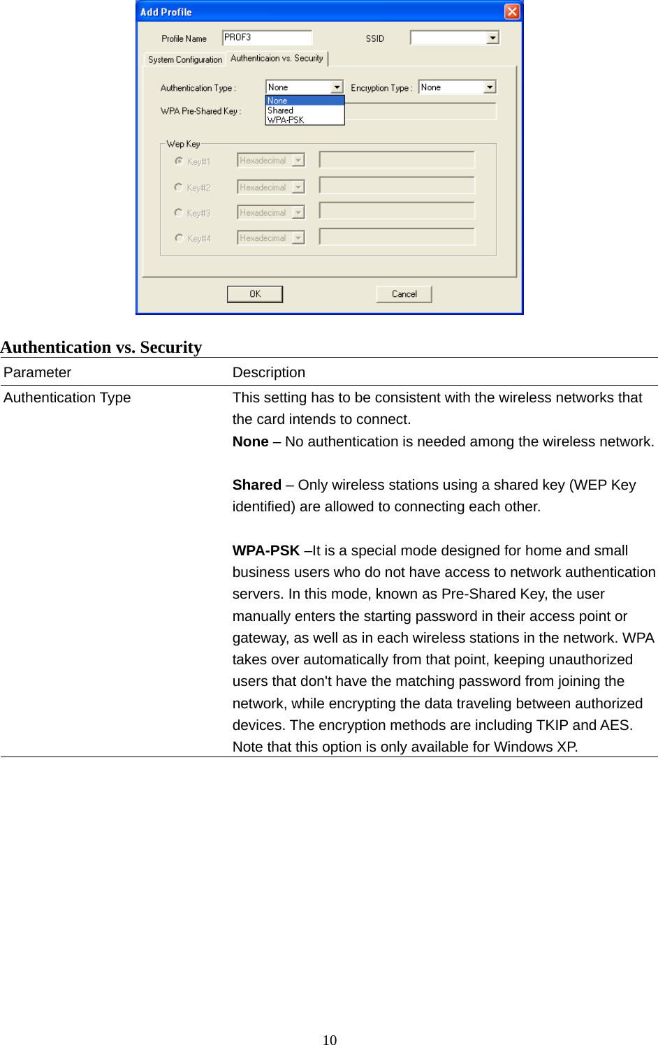  10    Authentication vs. Security Parameter Description Authentication Type  This setting has to be consistent with the wireless networks that the card intends to connect. None – No authentication is needed among the wireless network. Shared – Only wireless stations using a shared key (WEP Key identified) are allowed to connecting each other.    WPA-PSK –It is a special mode designed for home and small business users who do not have access to network authentication servers. In this mode, known as Pre-Shared Key, the user manually enters the starting password in their access point or gateway, as well as in each wireless stations in the network. WPAtakes over automatically from that point, keeping unauthorized users that don&apos;t have the matching password from joining the network, while encrypting the data traveling between authorized devices. The encryption methods are including TKIP and AES. Note that this option is only available for Windows XP.            