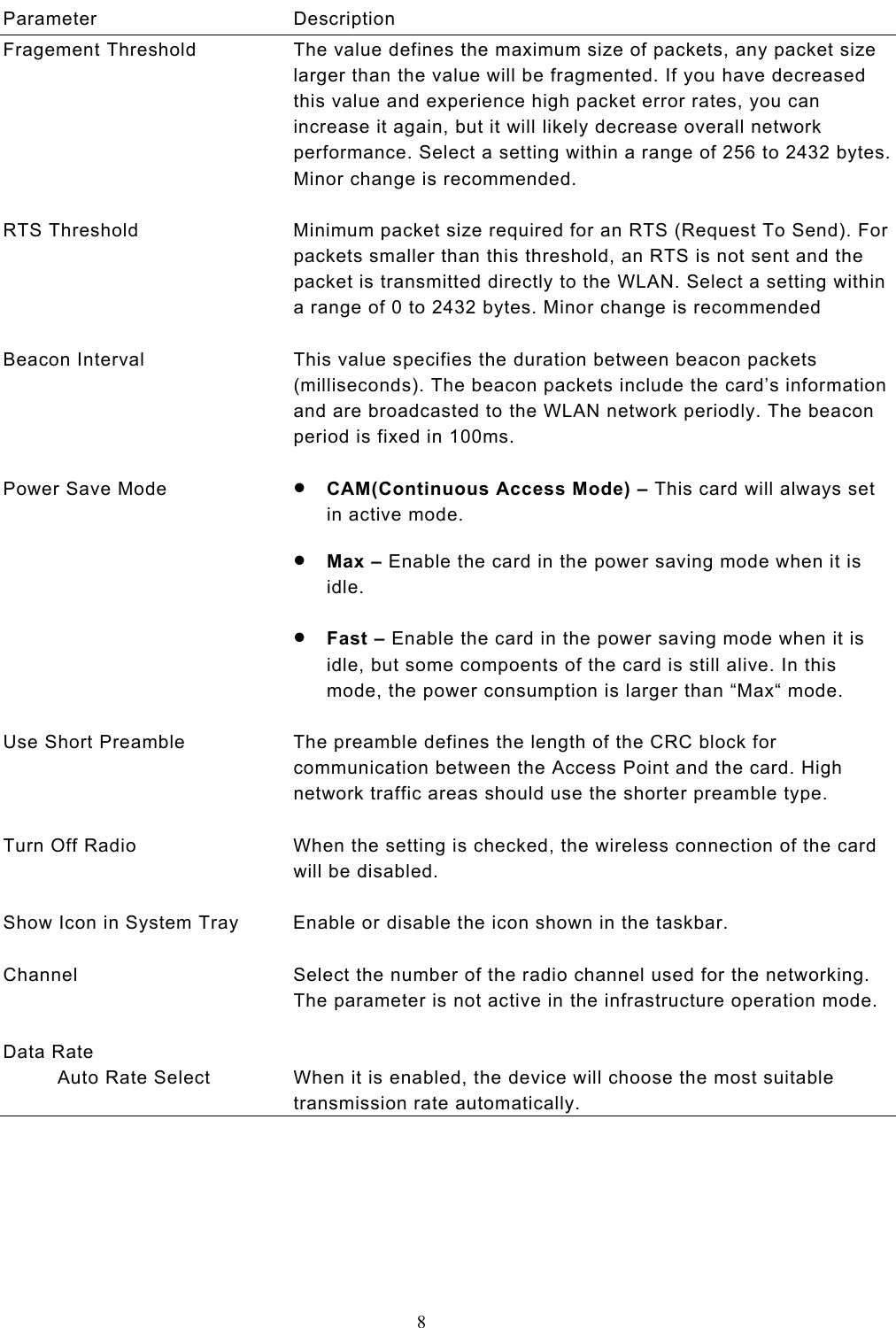  8  Parameter Description Fragement Threshold  The value defines the maximum size of packets, any packet size larger than the value will be fragmented. If you have decreased this value and experience high packet error rates, you can increase it again, but it will likely decrease overall network performance. Select a setting within a range of 256 to 2432 bytes. Minor change is recommended.   RTS Threshold  Minimum packet size required for an RTS (Request To Send). For packets smaller than this threshold, an RTS is not sent and the packet is transmitted directly to the WLAN. Select a setting within a range of 0 to 2432 bytes. Minor change is recommended   Beacon Interval  This value specifies the duration between beacon packets (milliseconds). The beacon packets include the card’s information and are broadcasted to the WLAN network periodly. The beacon period is fixed in 100ms.   Power Save Mode  •  CAM(Continuous Access Mode) – This card will always set in active mode.  •  Max – Enable the card in the power saving mode when it is idle.  •  Fast – Enable the card in the power saving mode when it is idle, but some compoents of the card is still alive. In this mode, the power consumption is larger than “Max“ mode.   Use Short Preamble  The preamble defines the length of the CRC block for communication between the Access Point and the card. High network traffic areas should use the shorter preamble type.   Turn Off Radio  When the setting is checked, the wireless connection of the card will be disabled.   Show Icon in System Tray  Enable or disable the icon shown in the taskbar.   Channel  Select the number of the radio channel used for the networking. The parameter is not active in the infrastructure operation mode.   Data Rate            Auto Rate Select  When it is enabled, the device will choose the most suitable transmission rate automatically.        