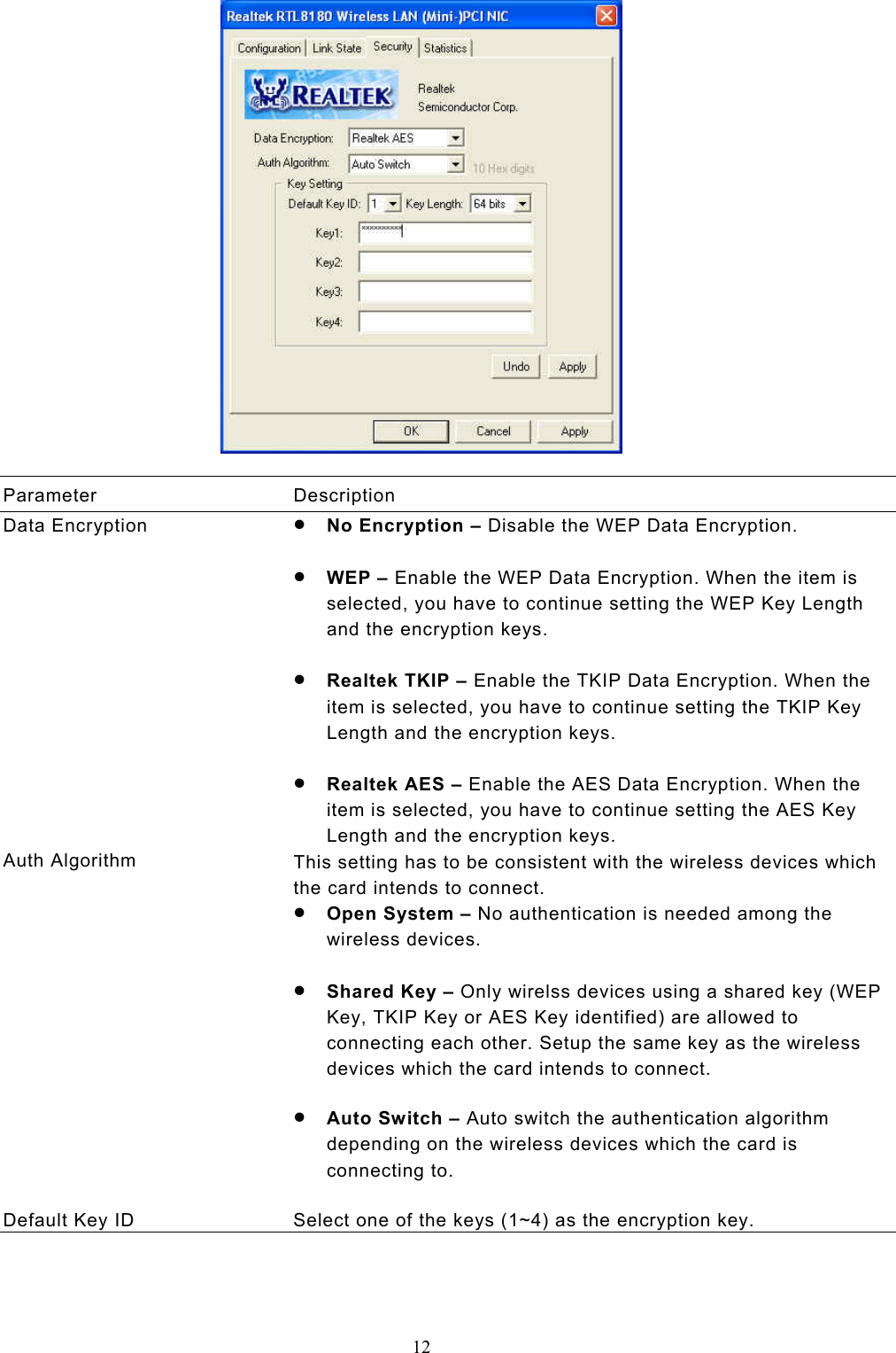  12   Parameter Description Data Encryption  •  No Encryption – Disable the WEP Data Encryption.  •  WEP – Enable the WEP Data Encryption. When the item is selected, you have to continue setting the WEP Key Length and the encryption keys.  •  Realtek TKIP – Enable the TKIP Data Encryption. When the item is selected, you have to continue setting the TKIP Key Length and the encryption keys.  •  Realtek AES – Enable the AES Data Encryption. When the item is selected, you have to continue setting the AES Key Length and the encryption keys. Auth Algorithm  This setting has to be consistent with the wireless devices which the card intends to connect. •  Open System – No authentication is needed among the wireless devices.  •  Shared Key – Only wirelss devices using a shared key (WEP Key, TKIP Key or AES Key identified) are allowed to connecting each other. Setup the same key as the wireless devices which the card intends to connect.  •  Auto Switch – Auto switch the authentication algorithm depending on the wireless devices which the card is connecting to.   Default Key ID  Select one of the keys (1~4) as the encryption key.    