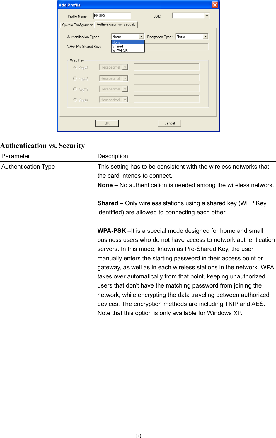  10    Authentication vs. Security Parameter Description Authentication Type  This setting has to be consistent with the wireless networks that the card intends to connect. None – No authentication is needed among the wireless network. Shared – Only wireless stations using a shared key (WEP Key identified) are allowed to connecting each other.    WPA-PSK –It is a special mode designed for home and small business users who do not have access to network authentication servers. In this mode, known as Pre-Shared Key, the user manually enters the starting password in their access point or gateway, as well as in each wireless stations in the network. WPA takes over automatically from that point, keeping unauthorized users that don&apos;t have the matching password from joining the network, while encrypting the data traveling between authorized devices. The encryption methods are including TKIP and AES. Note that this option is only available for Windows XP.            