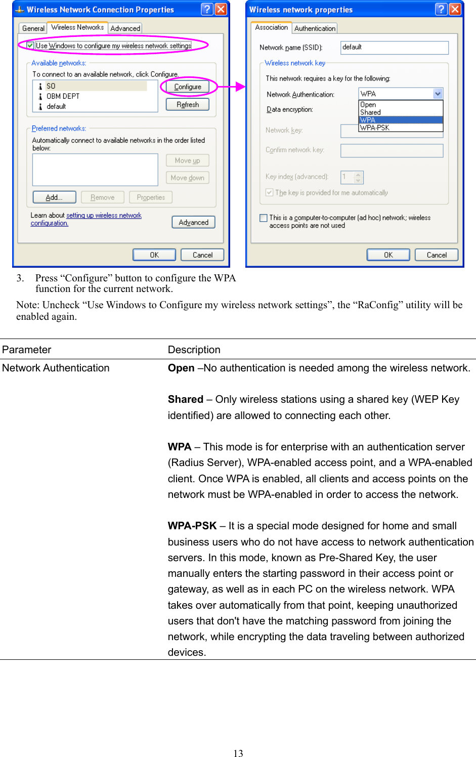  13         Note: Uncheck “Use Windows to Configure my wireless network settings”, the “RaConfig” utility will be enabled again.  Parameter Description Network Authentication  Open –No authentication is needed among the wireless network. Shared – Only wireless stations using a shared key (WEP Key identified) are allowed to connecting each other.  WPA – This mode is for enterprise with an authentication server (Radius Server), WPA-enabled access point, and a WPA-enabled client. Once WPA is enabled, all clients and access points on the network must be WPA-enabled in order to access the network.  WPA-PSK – It is a special mode designed for home and small business users who do not have access to network authentication servers. In this mode, known as Pre-Shared Key, the user manually enters the starting password in their access point or gateway, as well as in each PC on the wireless network. WPA takes over automatically from that point, keeping unauthorized users that don&apos;t have the matching password from joining the network, while encrypting the data traveling between authorized devices.     3.  Press “Configure” button to configure the WPA function for the current network. 