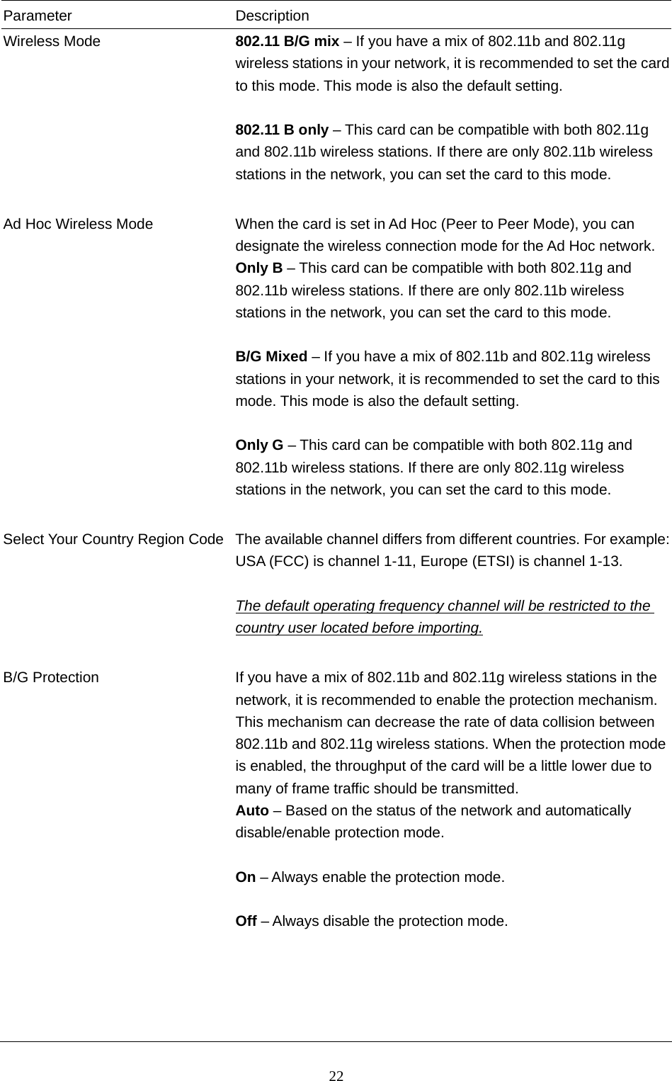  22 Parameter Description Wireless Mode  802.11 B/G mix – If you have a mix of 802.11b and 802.11g wireless stations in your network, it is recommended to set the card to this mode. This mode is also the default setting.  802.11 B only – This card can be compatible with both 802.11g and 802.11b wireless stations. If there are only 802.11b wireless stations in the network, you can set the card to this mode.   Ad Hoc Wireless Mode  When the card is set in Ad Hoc (Peer to Peer Mode), you can designate the wireless connection mode for the Ad Hoc network. Only B – This card can be compatible with both 802.11g and 802.11b wireless stations. If there are only 802.11b wireless stations in the network, you can set the card to this mode.  B/G Mixed – If you have a mix of 802.11b and 802.11g wireless stations in your network, it is recommended to set the card to this mode. This mode is also the default setting.  Only G – This card can be compatible with both 802.11g and 802.11b wireless stations. If there are only 802.11g wireless stations in the network, you can set the card to this mode.   Select Your Country Region Code  The available channel differs from different countries. For example: USA (FCC) is channel 1-11, Europe (ETSI) is channel 1-13.    The default operating frequency channel will be restricted to the country user located before importing.   B/G Protection  If you have a mix of 802.11b and 802.11g wireless stations in the network, it is recommended to enable the protection mechanism. This mechanism can decrease the rate of data collision between 802.11b and 802.11g wireless stations. When the protection mode is enabled, the throughput of the card will be a little lower due to many of frame traffic should be transmitted. Auto – Based on the status of the network and automatically disable/enable protection mode.  On – Always enable the protection mode.  Off – Always disable the protection mode.         