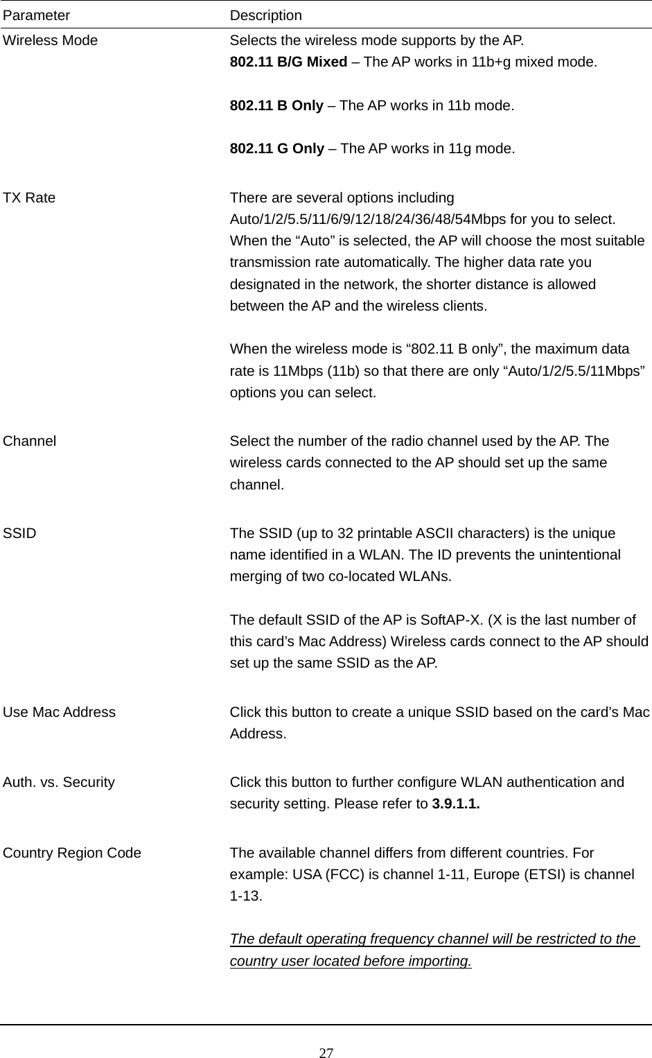  27 Parameter Description Wireless Mode  Selects the wireless mode supports by the AP. 802.11 B/G Mixed – The AP works in 11b+g mixed mode.  802.11 B Only – The AP works in 11b mode.  802.11 G Only – The AP works in 11g mode.   TX Rate  There are several options including Auto/1/2/5.5/11/6/9/12/18/24/36/48/54Mbps for you to select. When the “Auto” is selected, the AP will choose the most suitable transmission rate automatically. The higher data rate you designated in the network, the shorter distance is allowed between the AP and the wireless clients.  When the wireless mode is “802.11 B only”, the maximum data rate is 11Mbps (11b) so that there are only “Auto/1/2/5.5/11Mbps” options you can select.   Channel  Select the number of the radio channel used by the AP. The wireless cards connected to the AP should set up the same channel.   SSID  The SSID (up to 32 printable ASCII characters) is the unique name identified in a WLAN. The ID prevents the unintentional merging of two co-located WLANs.  The default SSID of the AP is SoftAP-X. (X is the last number of this card’s Mac Address) Wireless cards connect to the AP should set up the same SSID as the AP.   Use Mac Address  Click this button to create a unique SSID based on the card’s Mac Address.   Auth. vs. Security  Click this button to further configure WLAN authentication and security setting. Please refer to 3.9.1.1.   Country Region Code  The available channel differs from different countries. For example: USA (FCC) is channel 1-11, Europe (ETSI) is channel 1-13.   The default operating frequency channel will be restricted to the country user located before importing.     