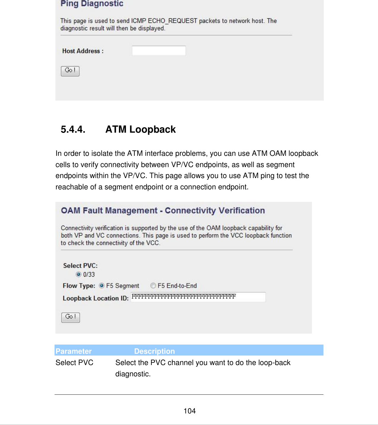   104    5.4.4.  ATM Loopback  In order to isolate the ATM interface problems, you can use ATM OAM loopback cells to verify connectivity between VP/VC endpoints, as well as segment endpoints within the VP/VC. This page allows you to use ATM ping to test the reachable of a segment endpoint or a connection endpoint.    Parameter Description Select PVC Select the PVC channel you want to do the loop-back diagnostic.   