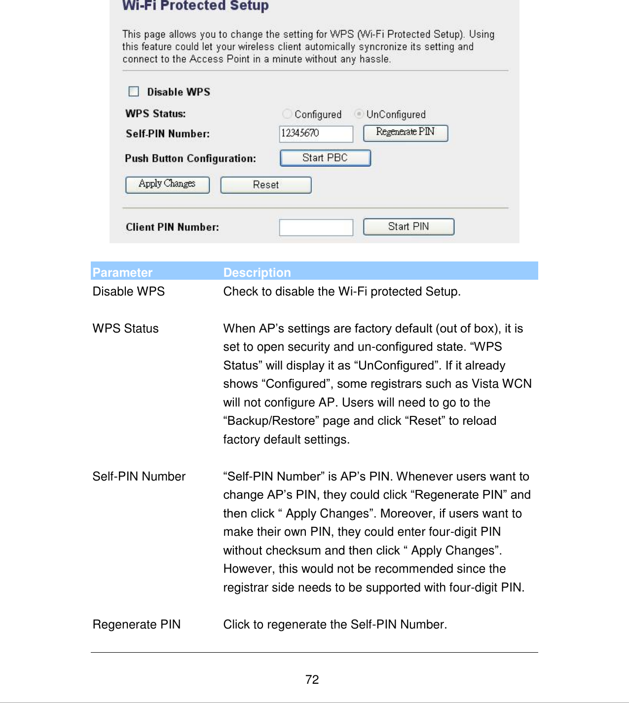   72   Parameter Description Disable WPS Check to disable the Wi-Fi protected Setup.   WPS Status When AP‟s settings are factory default (out of box), it is set to open security and un-configured state. “WPS Status” will display it as “UnConfigured”. If it already shows “Configured”, some registrars such as Vista WCN will not configure AP. Users will need to go to the “Backup/Restore” page and click “Reset” to reload factory default settings.   Self-PIN Number “Self-PIN Number” is AP‟s PIN. Whenever users want to change AP‟s PIN, they could click “Regenerate PIN” and then click “ Apply Changes”. Moreover, if users want to make their own PIN, they could enter four-digit PIN without checksum and then click “ Apply Changes”. However, this would not be recommended since the registrar side needs to be supported with four-digit PIN.   Regenerate PIN Click to regenerate the Self-PIN Number.   