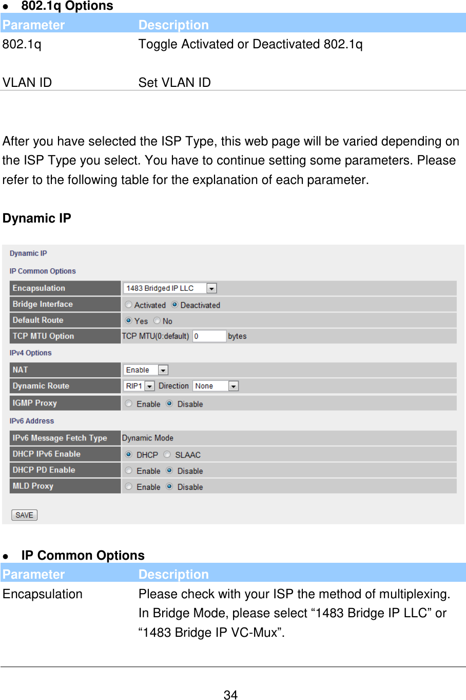   34   802.1q Options Parameter Description 802.1q Toggle Activated or Deactivated 802.1q   VLAN ID Set VLAN ID   After you have selected the ISP Type, this web page will be varied depending on the ISP Type you select. You have to continue setting some parameters. Please refer to the following table for the explanation of each parameter.  Dynamic IP     IP Common Options Parameter Description Encapsulation Please check with your ISP the method of multiplexing. In Bridge Mode, please select “1483 Bridge IP LLC” or “1483 Bridge IP VC-Mux”.    