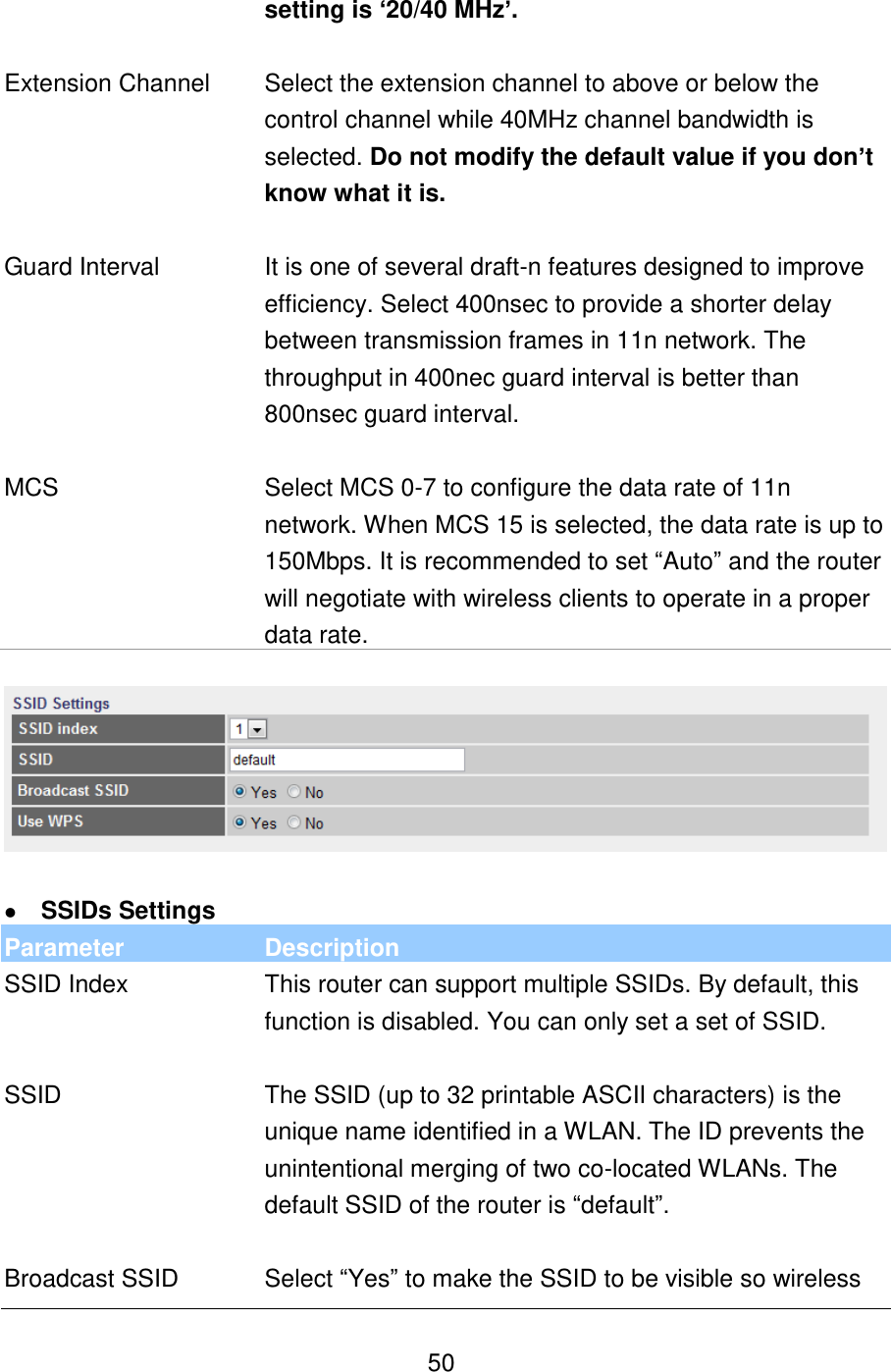   50 setting is ‘20/40 MHz’.   Extension Channel  Select the extension channel to above or below the control channel while 40MHz channel bandwidth is selected. Do not modify the default value if you don’t know what it is.   Guard Interval  It is one of several draft-n features designed to improve efficiency. Select 400nsec to provide a shorter delay between transmission frames in 11n network. The throughput in 400nec guard interval is better than 800nsec guard interval.    MCS Select MCS 0-7 to configure the data rate of 11n network. When MCS 15 is selected, the data rate is up to 150Mbps. It is recommended to set “Auto” and the router will negotiate with wireless clients to operate in a proper data rate.     SSIDs Settings Parameter Description SSID Index This router can support multiple SSIDs. By default, this function is disabled. You can only set a set of SSID.   SSID The SSID (up to 32 printable ASCII characters) is the unique name identified in a WLAN. The ID prevents the unintentional merging of two co-located WLANs. The default SSID of the router is “default”.   Broadcast SSID Select “Yes” to make the SSID to be visible so wireless 
