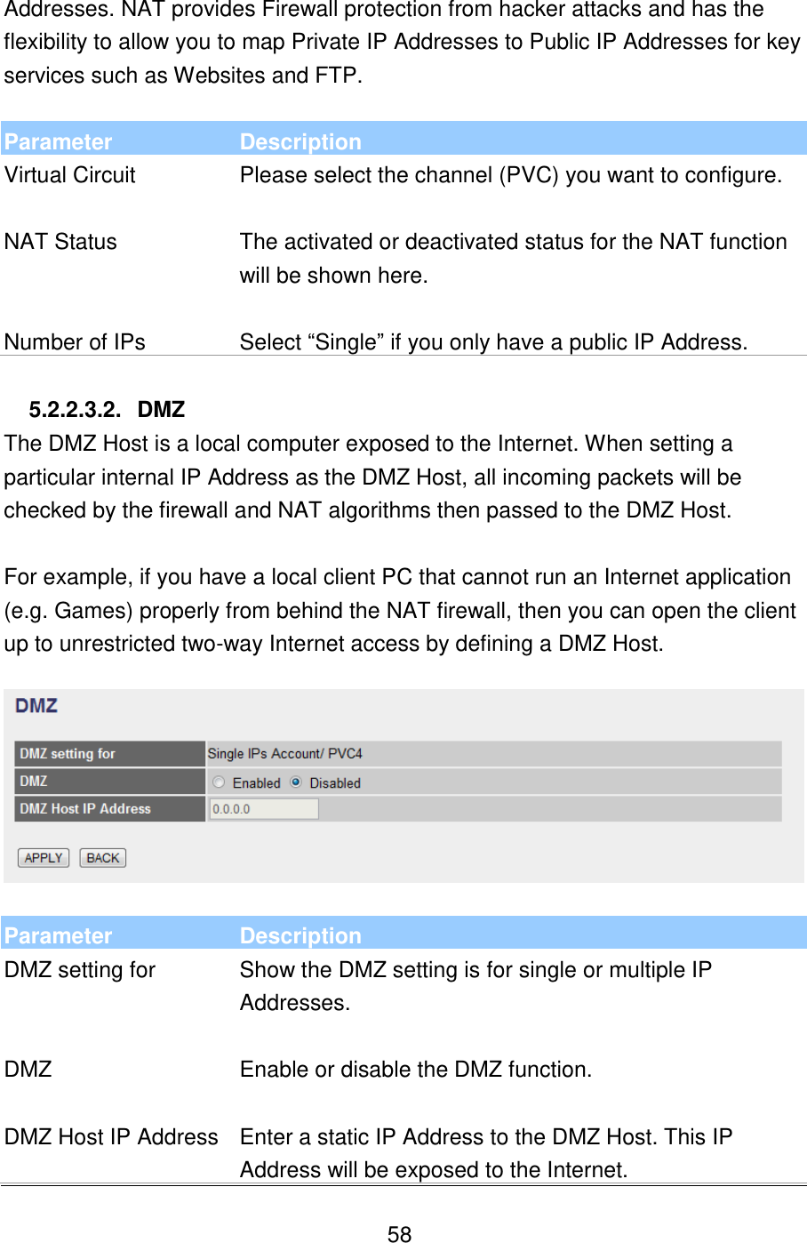   58 Addresses. NAT provides Firewall protection from hacker attacks and has the flexibility to allow you to map Private IP Addresses to Public IP Addresses for key services such as Websites and FTP.  Parameter Description Virtual Circuit Please select the channel (PVC) you want to configure.   NAT Status The activated or deactivated status for the NAT function will be shown here.  Number of IPs Select “Single” if you only have a public IP Address.   5.2.2.3.2.  DMZ The DMZ Host is a local computer exposed to the Internet. When setting a particular internal IP Address as the DMZ Host, all incoming packets will be checked by the firewall and NAT algorithms then passed to the DMZ Host.  For example, if you have a local client PC that cannot run an Internet application (e.g. Games) properly from behind the NAT firewall, then you can open the client up to unrestricted two-way Internet access by defining a DMZ Host.    Parameter Description DMZ setting for Show the DMZ setting is for single or multiple IP Addresses.   DMZ Enable or disable the DMZ function.  DMZ Host IP Address Enter a static IP Address to the DMZ Host. This IP Address will be exposed to the Internet. 