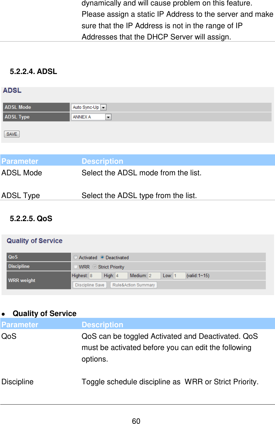   60 dynamically and will cause problem on this feature. Please assign a static IP Address to the server and make sure that the IP Address is not in the range of IP Addresses that the DHCP Server will assign.   5.2.2.4. ADSL    Parameter Description ADSL Mode Select the ADSL mode from the list.   ADSL Type Select the ADSL type from the list.  5.2.2.5. QoS     Quality of Service Parameter Description QoS QoS can be toggled Activated and Deactivated. QoS must be activated before you can edit the following options.   Discipline Toggle schedule discipline as  WRR or Strict Priority.   