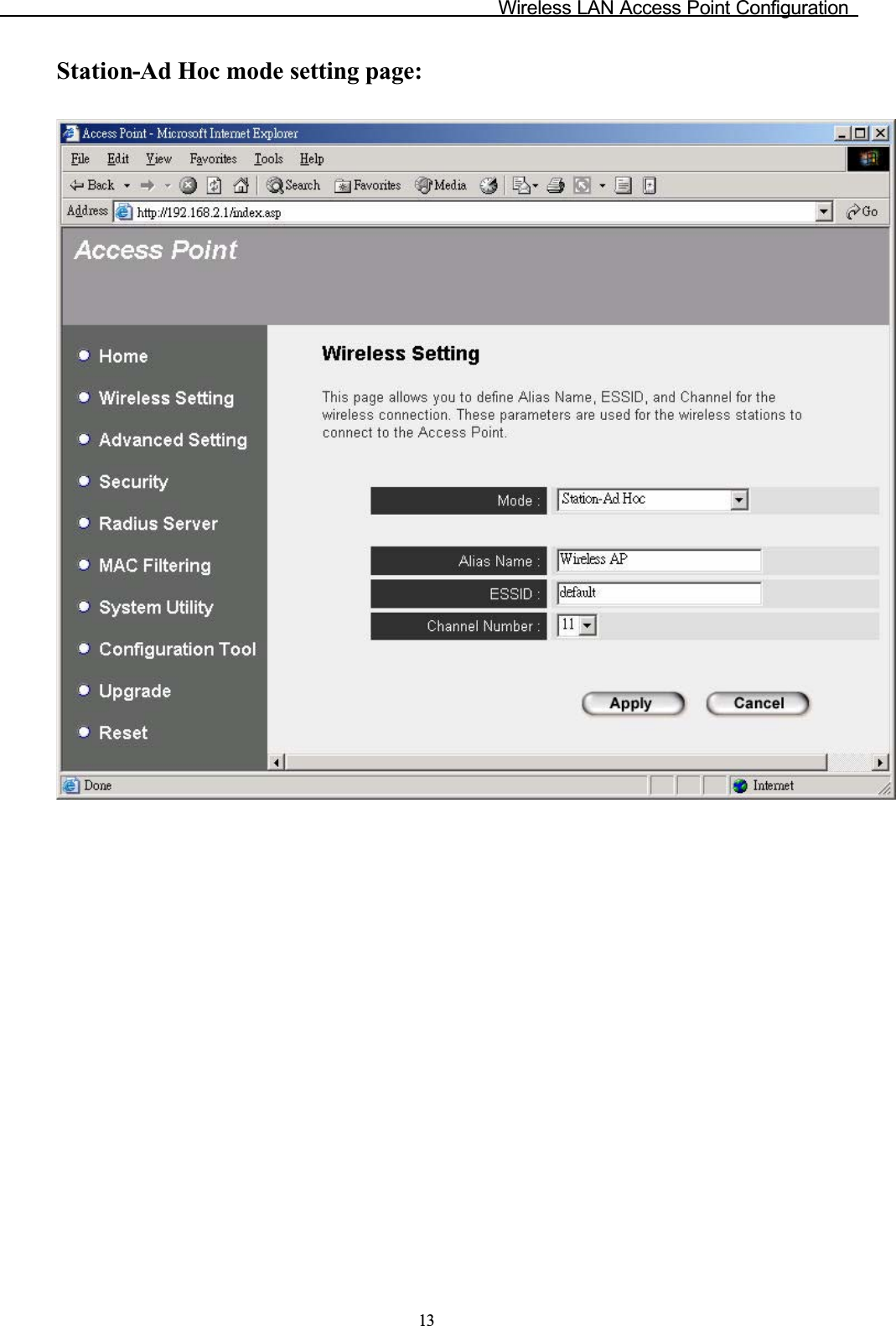 Wireless LAN Access Point Configuration13Station-Ad Hoc mode setting page: