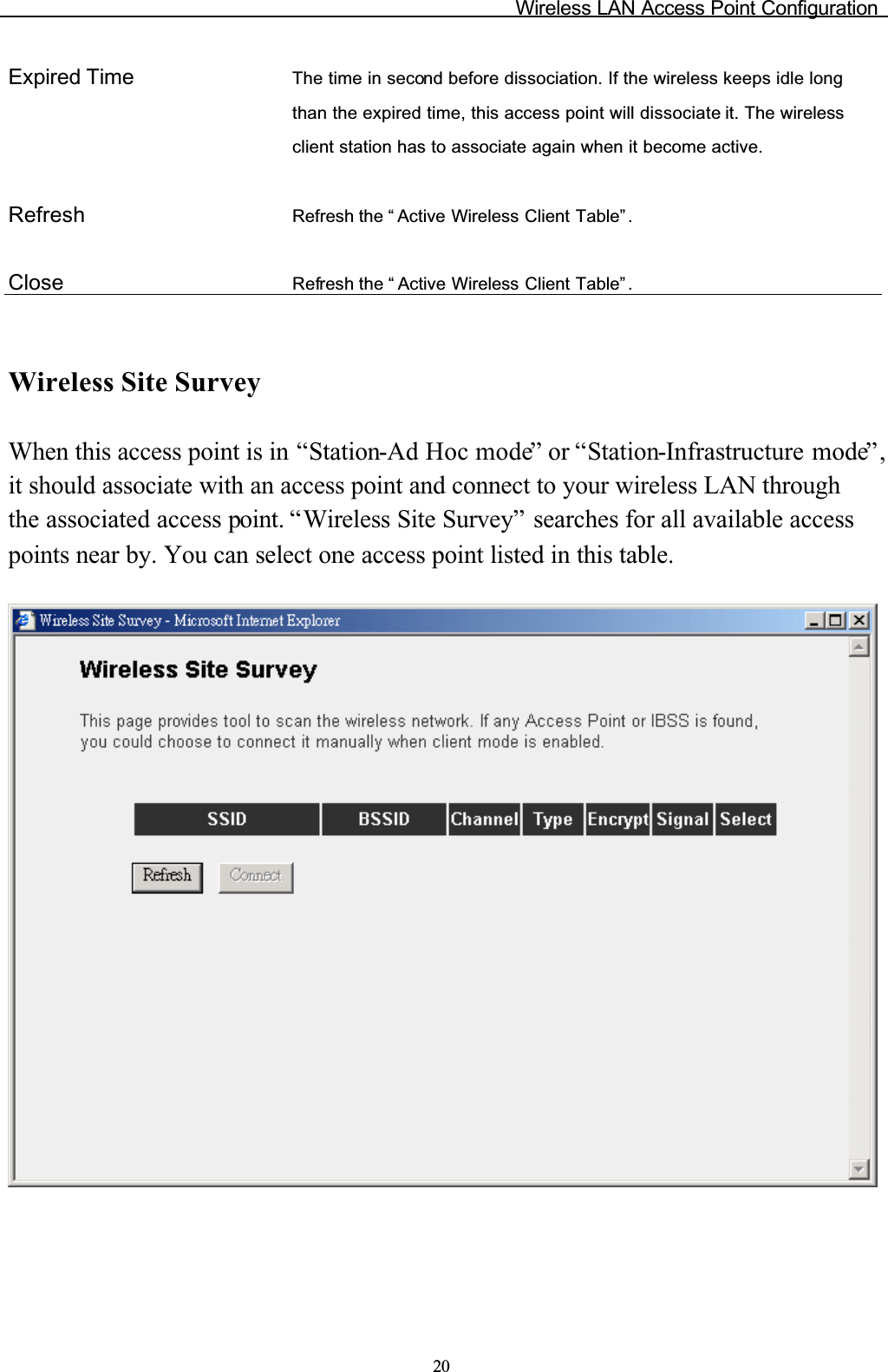 Wireless LAN Access Point Configuration20Expired Time The time in second before dissociation. If the wireless keeps idle long than the expired time, this access point will dissociate it. The wireless client station has to associate again when it become active.Refresh Refresh the “ Active Wireless Client Table”.Close Refresh the “ Active Wireless Client Table” .Wireless Site SurveyWhen this access point is in “Station-Ad Hoc mode” or “Station-Infrastructure mode”,it should associate with an access point and connect to your wireless LAN through the associated access point. “Wireless Site Survey” searches for all available access points near by. You can select one access point listed in this table.