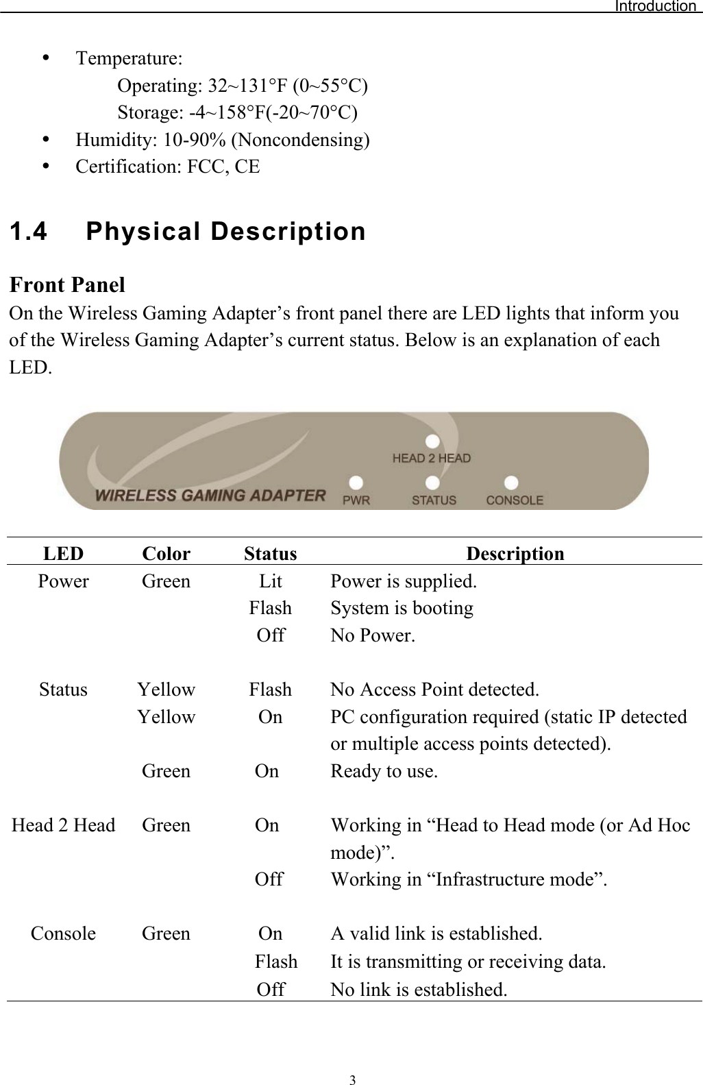 Introductiony Temperature:Operating: 32~131°F (0~55°C) Storage: -4~158°F(-20~70°C) y Humidity: 10-90% (Noncondensing) y Certification: FCC, CE 1.4 Physical DescriptionFront Panel On the Wireless Gaming Adapter’s front panel there are LED lights that inform you of the Wireless Gaming Adapter’s current status. Below is an explanation of each LED.LED Color Status DescriptionPower Green Lit Power is supplied. Flash System is booting Off No Power.Status Yellow Flash No Access Point detected. Yellow On PC configuration required (static IP detected or multiple access points detected). Green On Ready to use. Head 2 Head  Green On Working in “Head to Head mode (or Ad Hoc mode)”.Off Working in “Infrastructure mode”.On A valid link is established. Flash It is transmitting or receiving data. Console GreenOff No link is established. 3