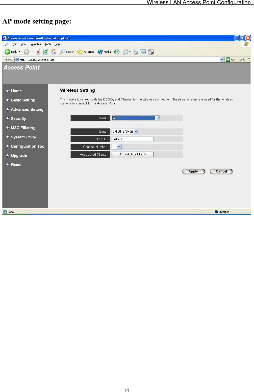 Wireless LAN Access Point Configuration  14AP mode setting page:                   