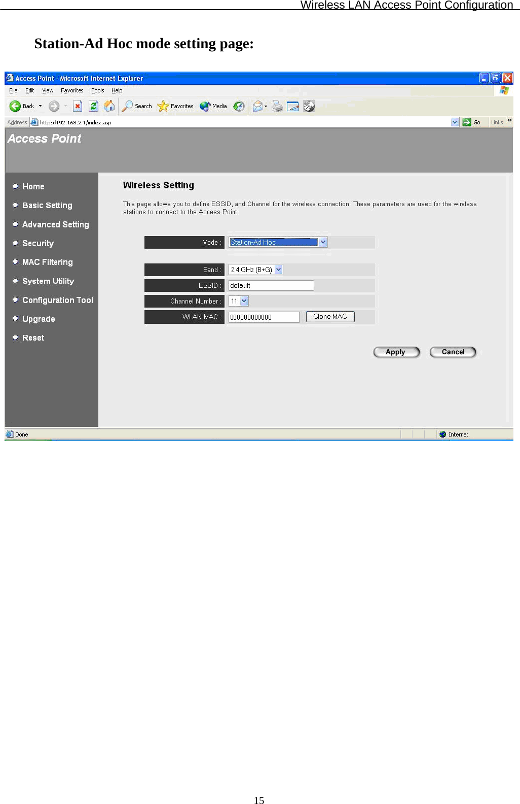 Wireless LAN Access Point Configuration  15Station-Ad Hoc mode setting page:                   