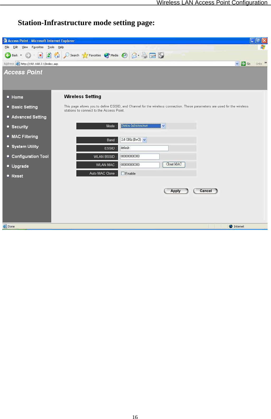 Wireless LAN Access Point Configuration  16Station-Infrastructure mode setting page:                   