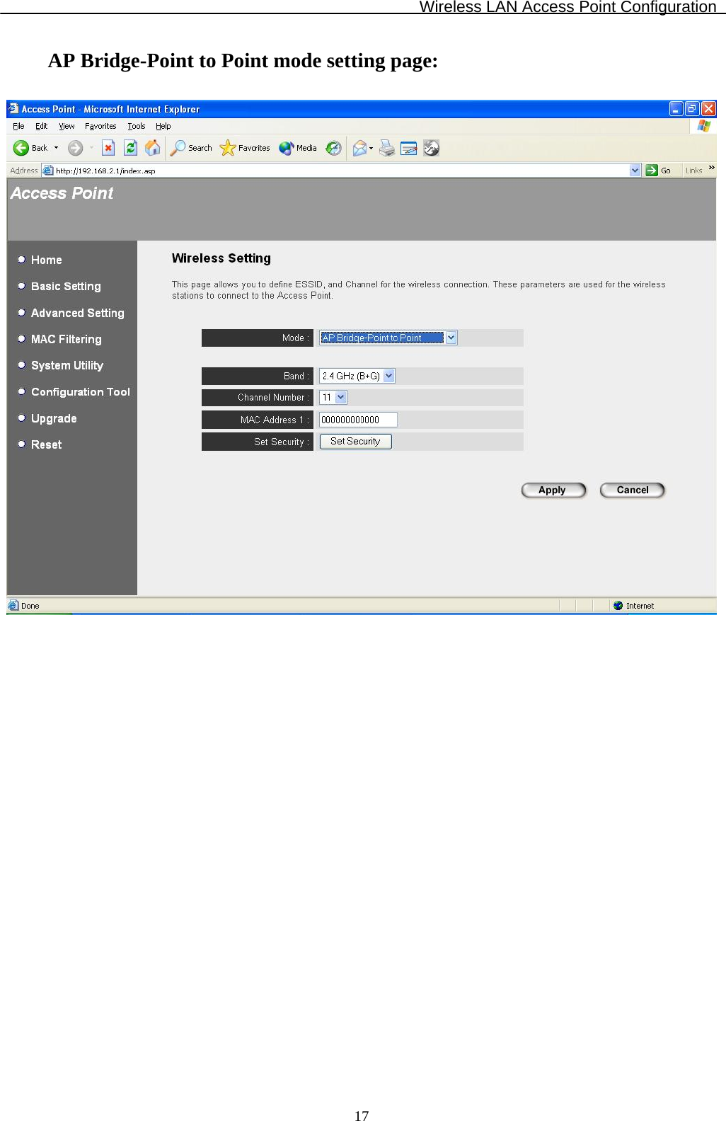 Wireless LAN Access Point Configuration  17AP Bridge-Point to Point mode setting page:                   