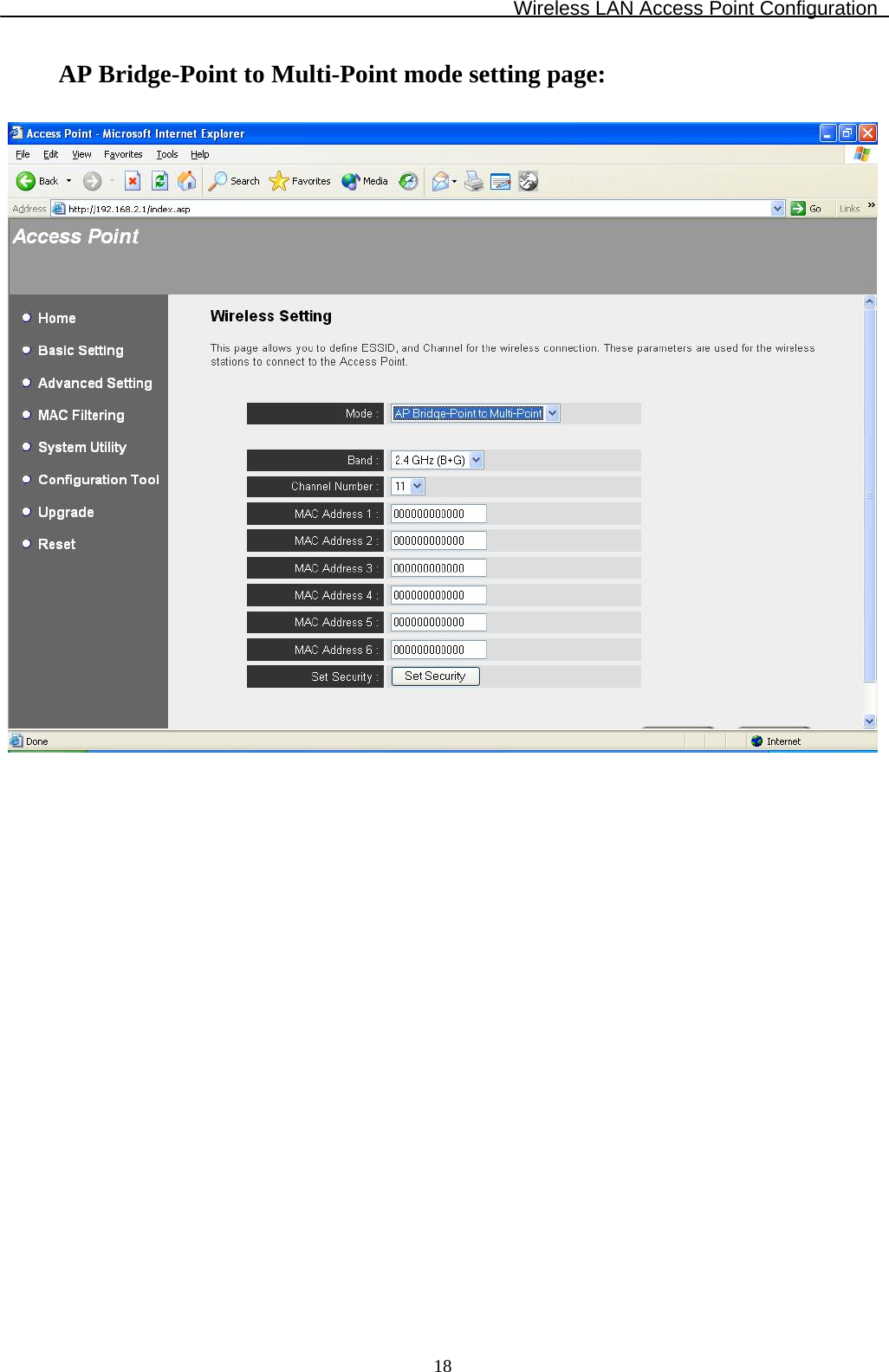 Wireless LAN Access Point Configuration  18AP Bridge-Point to Multi-Point mode setting page:                   