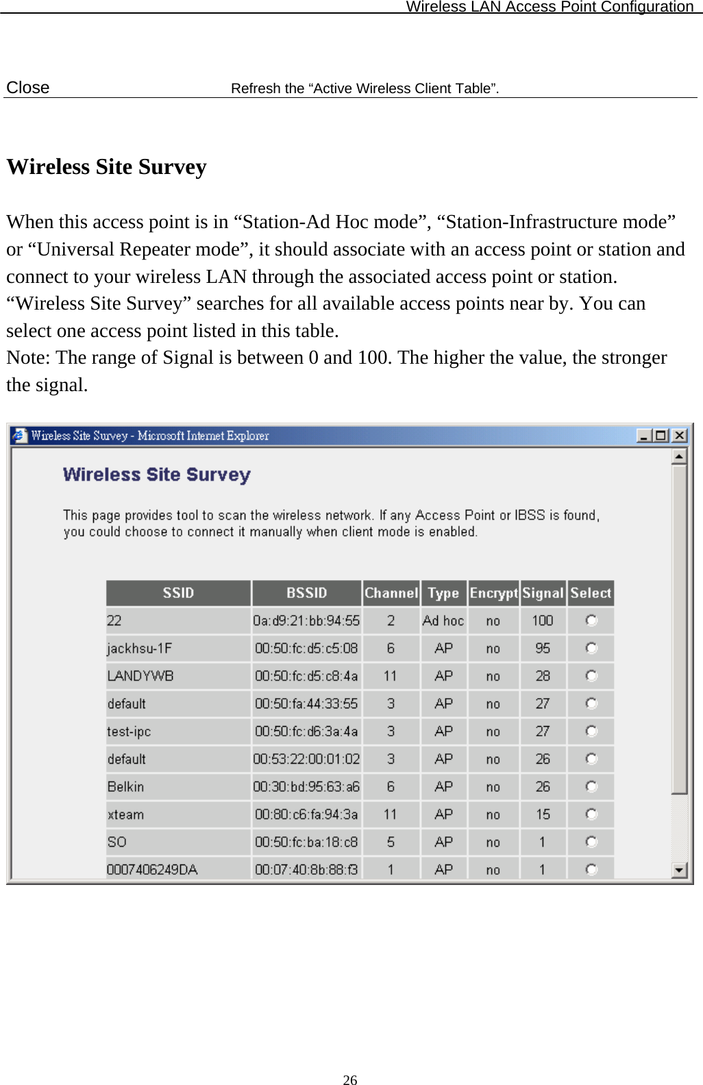 Wireless LAN Access Point Configuration  26 Close  Refresh the “Active Wireless Client Table”.   Wireless Site Survey  When this access point is in “Station-Ad Hoc mode”, “Station-Infrastructure mode” or “Universal Repeater mode”, it should associate with an access point or station and connect to your wireless LAN through the associated access point or station. “Wireless Site Survey” searches for all available access points near by. You can select one access point listed in this table. Note: The range of Signal is between 0 and 100. The higher the value, the stronger the signal.   