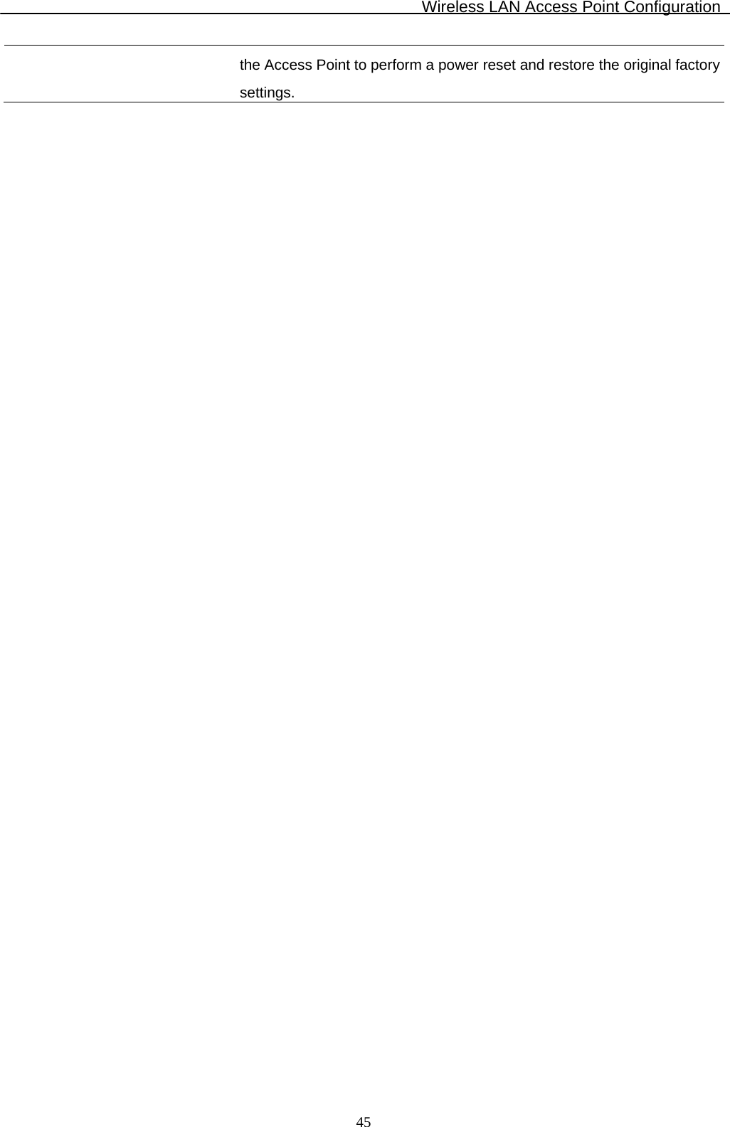 Wireless LAN Access Point Configuration  45the Access Point to perform a power reset and restore the original factory settings.  