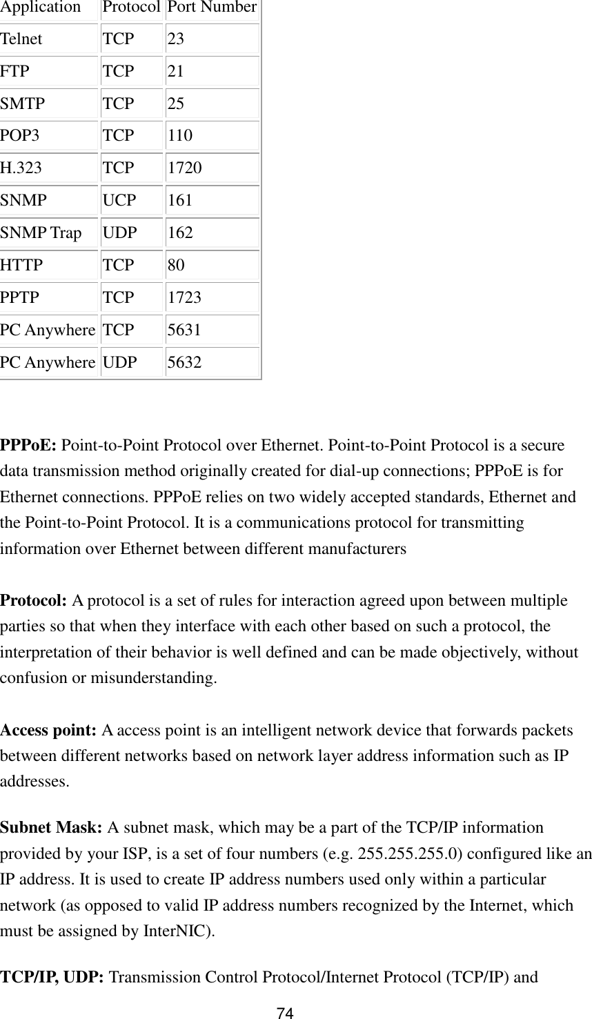 74 Application Protocol Port Number Telnet TCP 23 FTP TCP 21 SMTP TCP 25 POP3 TCP 110 H.323 TCP 1720 SNMP UCP 161 SNMP Trap UDP 162 HTTP TCP 80 PPTP TCP 1723 PC Anywhere TCP 5631 PC Anywhere UDP 5632   PPPoE: Point-to-Point Protocol over Ethernet. Point-to-Point Protocol is a secure data transmission method originally created for dial-up connections; PPPoE is for Ethernet connections. PPPoE relies on two widely accepted standards, Ethernet and the Point-to-Point Protocol. It is a communications protocol for transmitting information over Ethernet between different manufacturers  Protocol: A protocol is a set of rules for interaction agreed upon between multiple parties so that when they interface with each other based on such a protocol, the interpretation of their behavior is well defined and can be made objectively, without confusion or misunderstanding.    Access point: A access point is an intelligent network device that forwards packets between different networks based on network layer address information such as IP addresses. Subnet Mask: A subnet mask, which may be a part of the TCP/IP information provided by your ISP, is a set of four numbers (e.g. 255.255.255.0) configured like an IP address. It is used to create IP address numbers used only within a particular network (as opposed to valid IP address numbers recognized by the Internet, which must be assigned by InterNIC).   TCP/IP, UDP: Transmission Control Protocol/Internet Protocol (TCP/IP) and 
