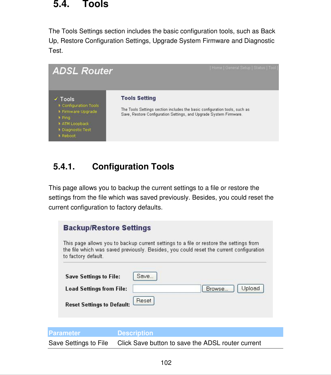   102 5.4.  Tools  The Tools Settings section includes the basic configuration tools, such as Back Up, Restore Configuration Settings, Upgrade System Firmware and Diagnostic Test.     5.4.1.  Configuration Tools  This page allows you to backup the current settings to a file or restore the settings from the file which was saved previously. Besides, you could reset the current configuration to factory defaults.     Parameter Description Save Settings to File Click Save button to save the ADSL router current 