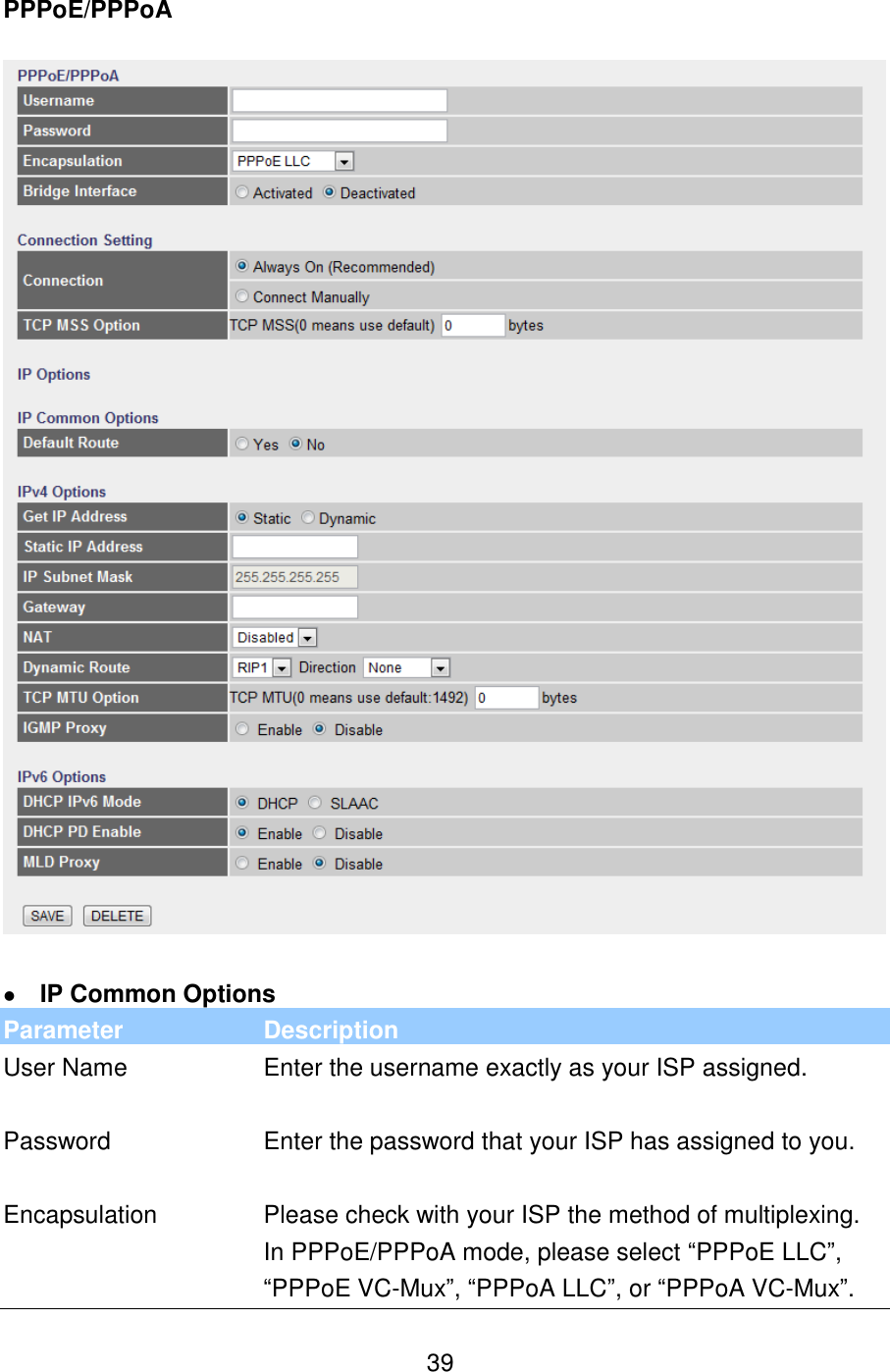  39 PPPoE/PPPoA      IP Common Options  Parameter Description User Name Enter the username exactly as your ISP assigned.   Password Enter the password that your ISP has assigned to you.   Encapsulation Please check with your ISP the method of multiplexing. In PPPoE/PPPoA mode, please select “PPPoE LLC”, “PPPoE VC-Mux”, “PPPoA LLC”, or “PPPoA VC-Mux”.  