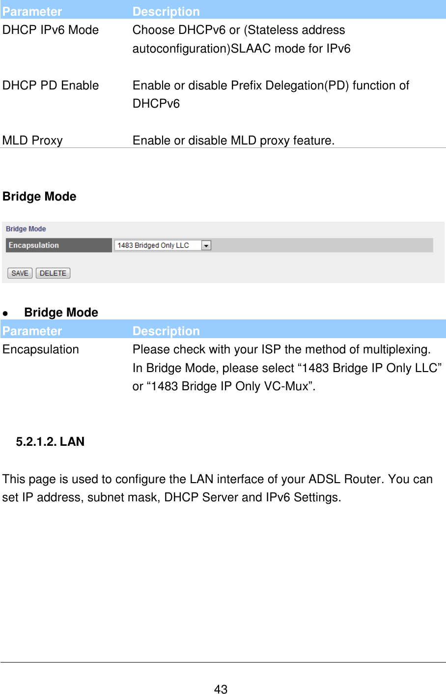   43 Parameter Description DHCP IPv6 Mode Choose DHCPv6 or (Stateless address autoconfiguration)SLAAC mode for IPv6   DHCP PD Enable Enable or disable Prefix Delegation(PD) function of DHCPv6   MLD Proxy Enable or disable MLD proxy feature.   Bridge Mode      Bridge Mode Parameter Description Encapsulation Please check with your ISP the method of multiplexing. In Bridge Mode, please select “1483 Bridge IP Only LLC” or “1483 Bridge IP Only VC-Mux”.    5.2.1.2. LAN  This page is used to configure the LAN interface of your ADSL Router. You can set IP address, subnet mask, DHCP Server and IPv6 Settings.  
