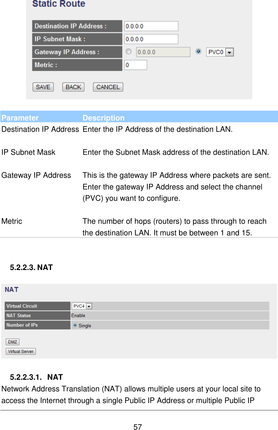   57   Parameter Description Destination IP Address  Enter the IP Address of the destination LAN.   IP Subnet Mask Enter the Subnet Mask address of the destination LAN.   Gateway IP Address This is the gateway IP Address where packets are sent. Enter the gateway IP Address and select the channel (PVC) you want to configure.   Metric The number of hops (routers) to pass through to reach the destination LAN. It must be between 1 and 15.   5.2.2.3. NAT    5.2.2.3.1.  NAT Network Address Translation (NAT) allows multiple users at your local site to access the Internet through a single Public IP Address or multiple Public IP 