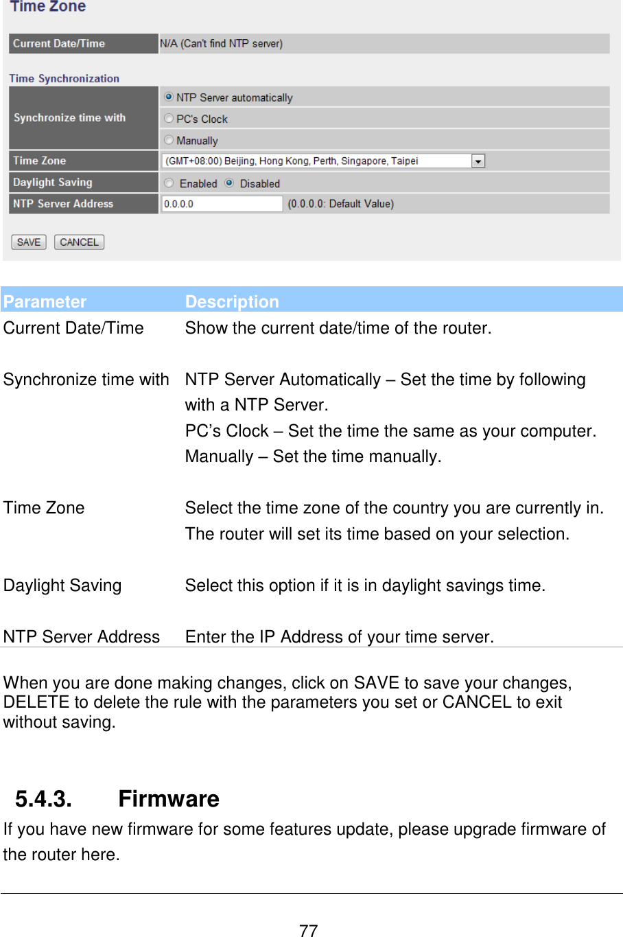   77    Parameter Description Current Date/Time Show the current date/time of the router.   Synchronize time with NTP Server Automatically – Set the time by following with a NTP Server. PC’s Clock – Set the time the same as your computer. Manually – Set the time manually.   Time Zone Select the time zone of the country you are currently in. The router will set its time based on your selection.   Daylight Saving Select this option if it is in daylight savings time.   NTP Server Address Enter the IP Address of your time server.   When you are done making changes, click on SAVE to save your changes, DELETE to delete the rule with the parameters you set or CANCEL to exit without saving.   5.4.3.  Firmware If you have new firmware for some features update, please upgrade firmware of the router here.  