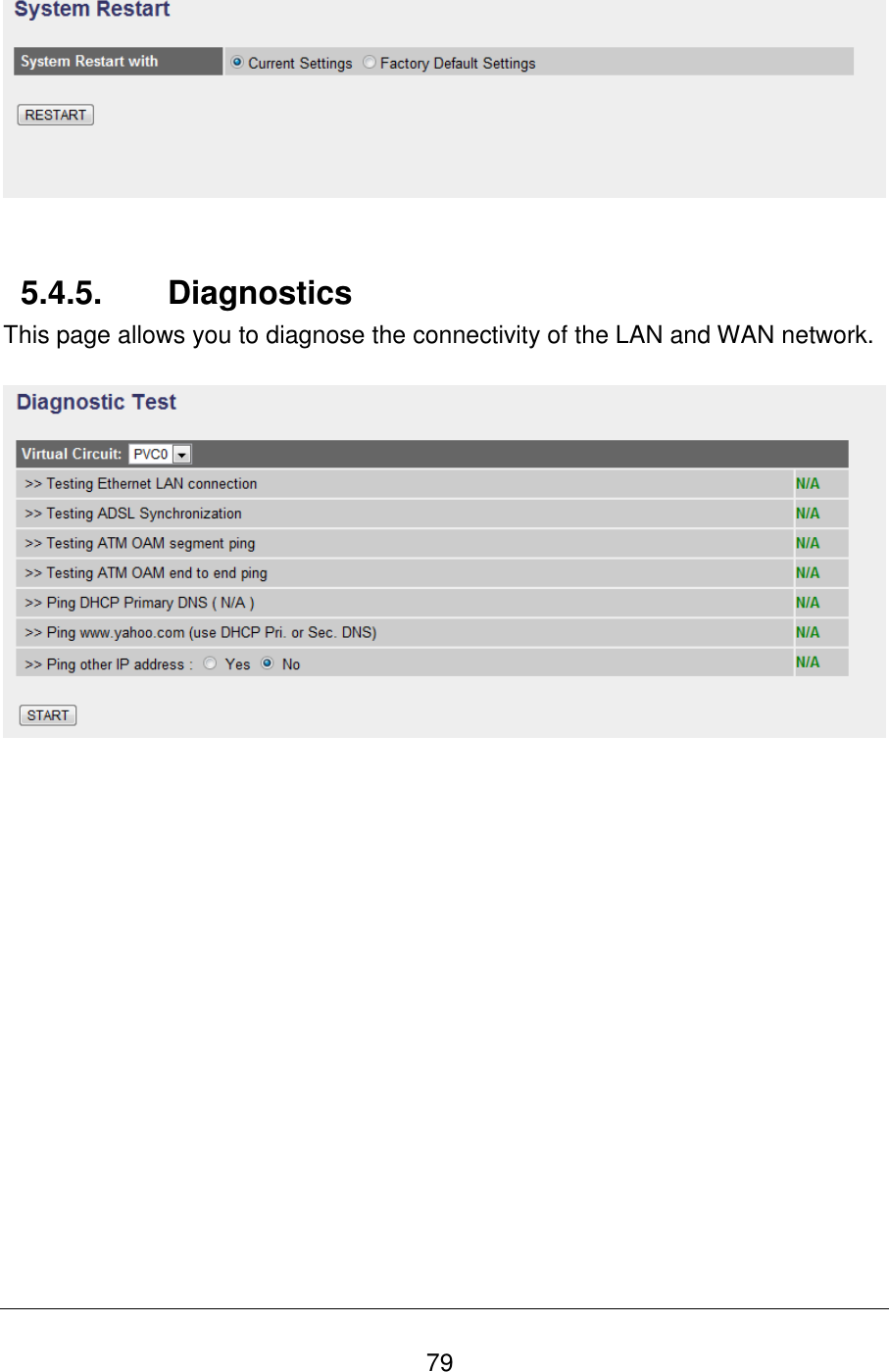   79    5.4.5.  Diagnostics This page allows you to diagnose the connectivity of the LAN and WAN network.      