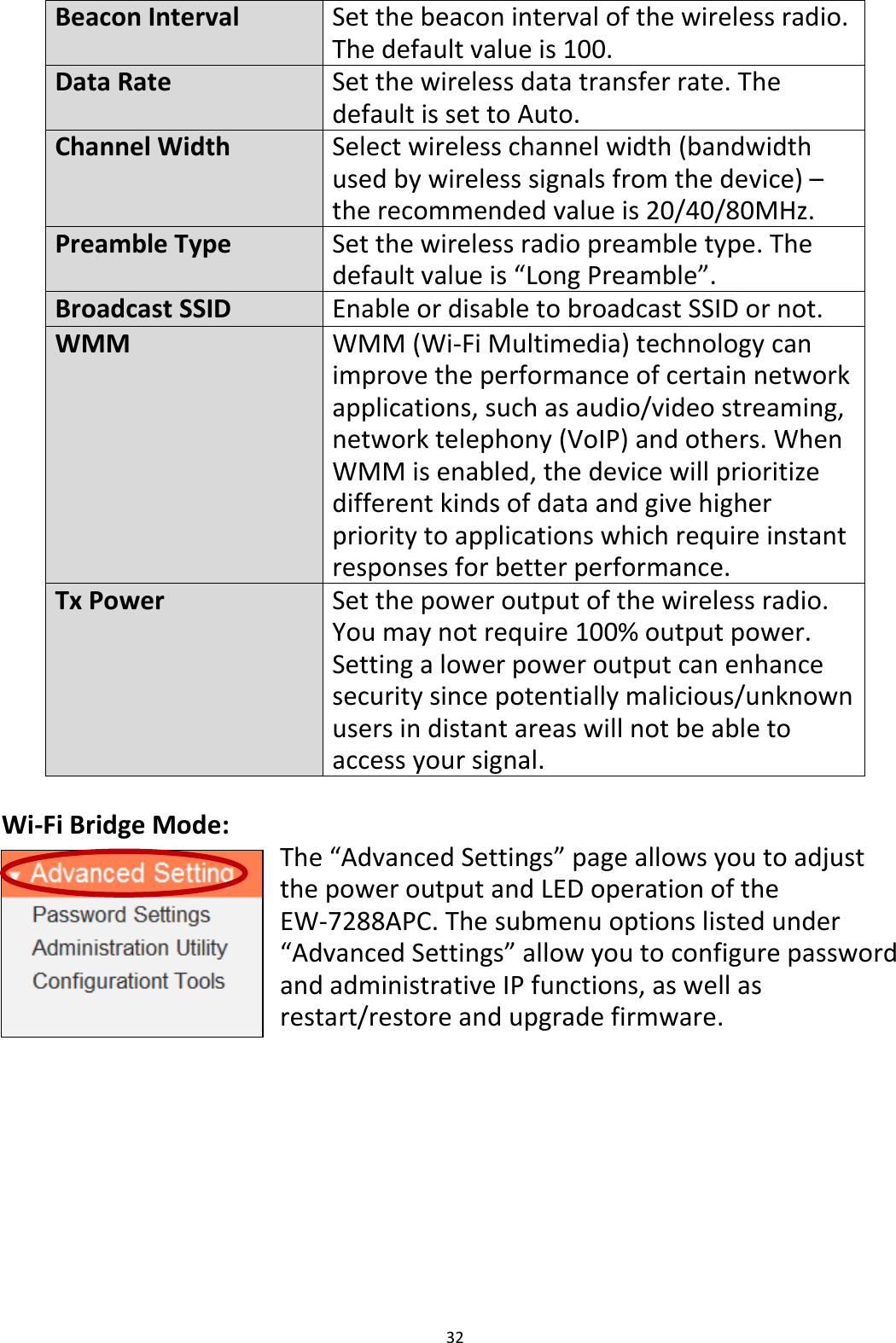 32  Beacon Interval Set the beacon interval of the wireless radio. The default value is 100. Data Rate Set the wireless data transfer rate. The default is set to Auto. Channel Width Select wireless channel width (bandwidth used by wireless signals from the device) – the recommended value is 20/40/80MHz. Preamble Type Set the wireless radio preamble type. The default value is “Long Preamble”. Broadcast SSID Enable or disable to broadcast SSID or not. WMM WMM (Wi-Fi Multimedia) technology can improve the performance of certain network applications, such as audio/video streaming, network telephony (VoIP) and others. When WMM is enabled, the device will prioritize different kinds of data and give higher priority to applications which require instant responses for better performance. Tx Power Set the power output of the wireless radio. You may not require 100% output power. Setting a lower power output can enhance security since potentially malicious/unknown users in distant areas will not be able to access your signal.  Wi-Fi Bridge Mode: The “Advanced Settings” page allows you to adjust the power output and LED operation of the EW-7288APC. The submenu options listed under “Advanced Settings” allow you to configure password and administrative IP functions, as well as restart/restore and upgrade firmware. 