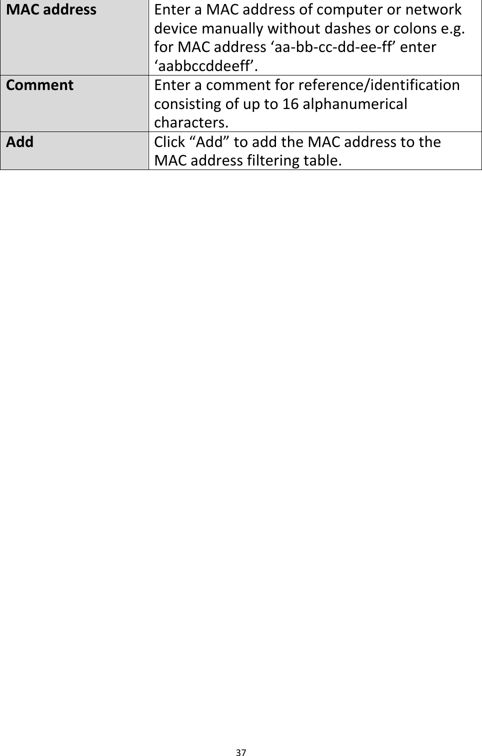 37    MAC address Enter a MAC address of computer or network device manually without dashes or colons e.g. for MAC address ‘aa-bb-cc-dd-ee-ff’ enter ‘aabbccddeeff’. Comment Enter a comment for reference/identification consisting of up to 16 alphanumerical characters. Add Click “Add” to add the MAC address to the MAC address filtering table.     