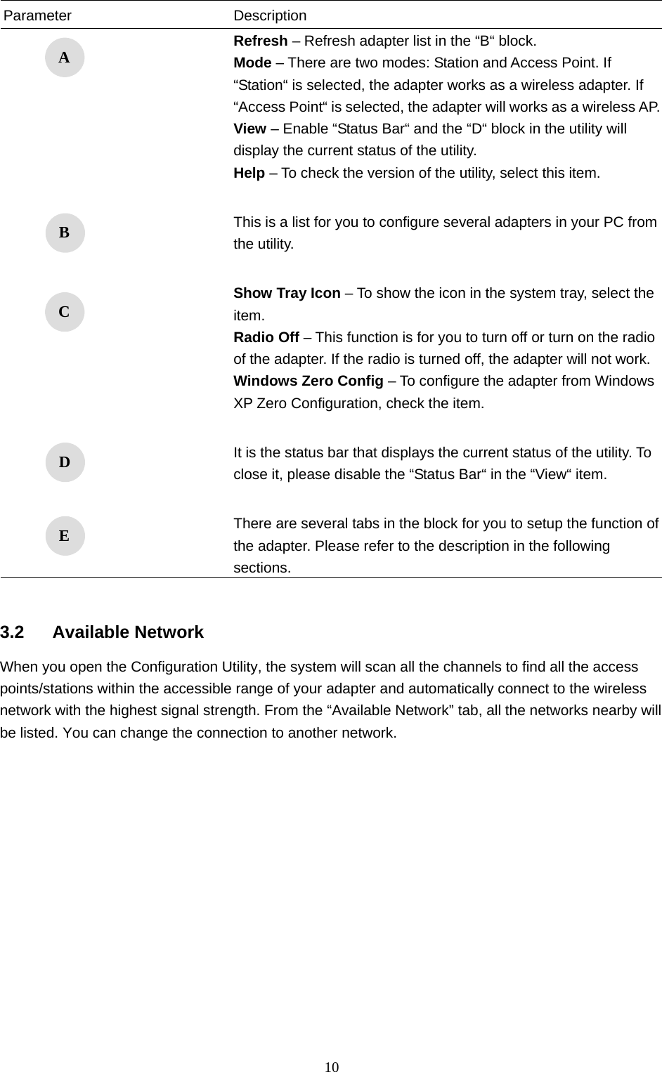  10 Parameter Description     Refresh – Refresh adapter list in the “B“ block. Mode – There are two modes: Station and Access Point. If “Station“ is selected, the adapter works as a wireless adapter. If “Access Point“ is selected, the adapter will works as a wireless AP.View – Enable “Status Bar“ and the “D“ block in the utility will display the current status of the utility.   Help – To check the version of the utility, select this item.    This is a list for you to configure several adapters in your PC from the utility.      Show Tray Icon – To show the icon in the system tray, select the item. Radio Off – This function is for you to turn off or turn on the radio of the adapter. If the radio is turned off, the adapter will not work.Windows Zero Config – To configure the adapter from Windows XP Zero Configuration, check the item.    It is the status bar that displays the current status of the utility. To close it, please disable the “Status Bar“ in the “View“ item.    There are several tabs in the block for you to setup the function of the adapter. Please refer to the description in the following sections.   3.2 Available Network When you open the Configuration Utility, the system will scan all the channels to find all the access points/stations within the accessible range of your adapter and automatically connect to the wireless network with the highest signal strength. From the “Available Network” tab, all the networks nearby will be listed. You can change the connection to another network.  A B C D E 