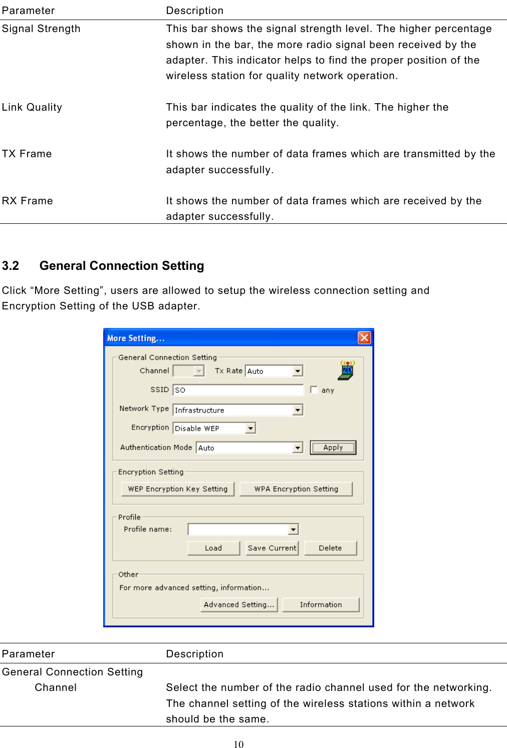  10  Parameter Description Signal Strength  This bar shows the signal strength level. The higher percentage shown in the bar, the more radio signal been received by the adapter. This indicator helps to find the proper position of the wireless station for quality network operation.   Link Quality  This bar indicates the quality of the link. The higher the percentage, the better the quality.   TX Frame  It shows the number of data frames which are transmitted by the adapter successfully.   RX Frame  It shows the number of data frames which are received by the adapter successfully.  3.2  General Connection Setting Click “More Setting”, users are allowed to setup the wireless connection setting and Encryption Setting of the USB adapter.     Parameter Description General Connection Setting   Channel  Select the number of the radio channel used for the networking. The channel setting of the wireless stations within a network should be the same. 