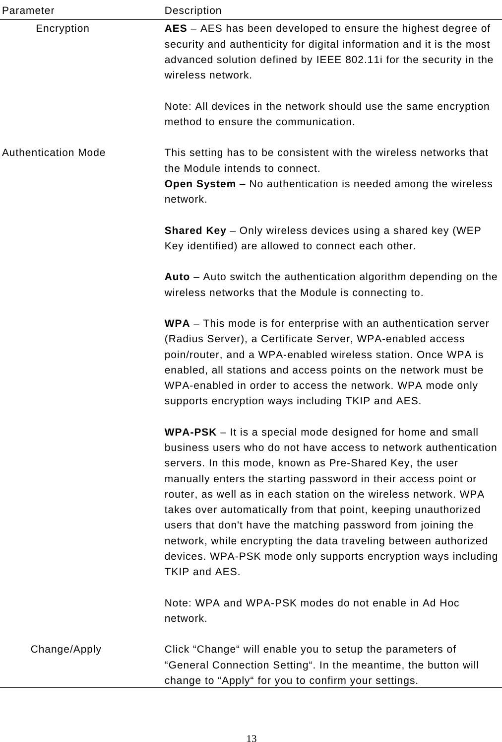  13  Parameter Description           Encryption  AES – AES has been developed to ensure the highest degree of security and authenticity for digital information and it is the most advanced solution defined by IEEE 802.11i for the security in the wireless network.  Note: All devices in the network should use the same encryption method to ensure the communication.   Authentication Mode  This setting has to be consistent with the wireless networks that the Module intends to connect. Open System – No authentication is needed among the wireless network.  Shared Key – Only wireless devices using a shared key (WEP Key identified) are allowed to connect each other.   Auto – Auto switch the authentication algorithm depending on the wireless networks that the Module is connecting to.  WPA – This mode is for enterprise with an authentication server (Radius Server), a Certificate Server, WPA-enabled access poin/router, and a WPA-enabled wireless station. Once WPA is enabled, all stations and access points on the network must be WPA-enabled in order to access the network. WPA mode only supports encryption ways including TKIP and AES.  WPA-PSK – It is a special mode designed for home and small business users who do not have access to network authentication servers. In this mode, known as Pre-Shared Key, the user manually enters the starting password in their access point or router, as well as in each station on the wireless network. WPA takes over automatically from that point, keeping unauthorized users that don&apos;t have the matching password from joining the network, while encrypting the data traveling between authorized devices. WPA-PSK mode only supports encryption ways including TKIP and AES.  Note: WPA and WPA-PSK modes do not enable in Ad Hoc network.             Change/Apply  Click “Change“ will enable you to setup the parameters of “General Connection Setting“. In the meantime, the button will change to “Apply“ for you to confirm your settings.   