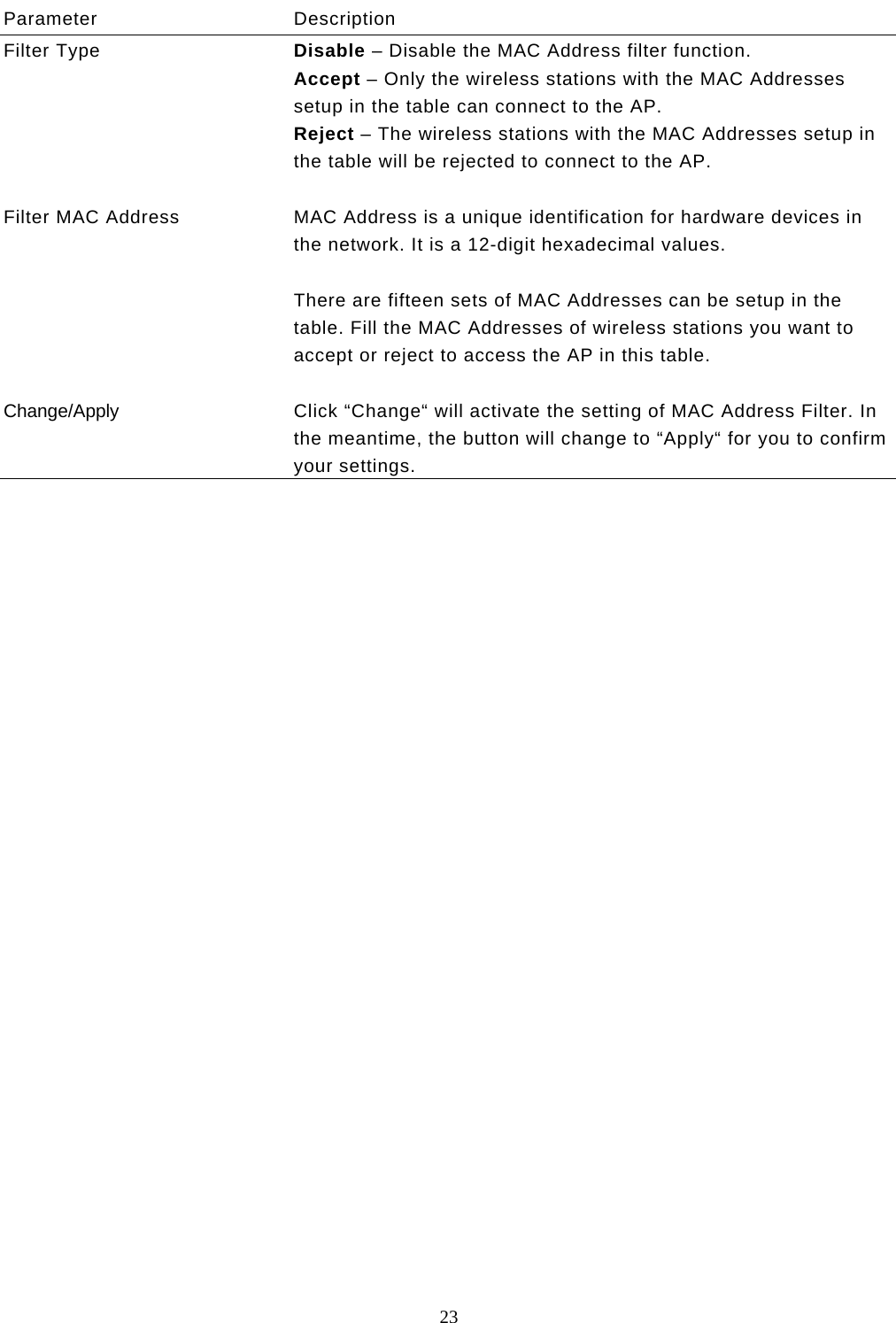  23  Parameter Description Filter Type  Disable – Disable the MAC Address filter function. Accept – Only the wireless stations with the MAC Addresses setup in the table can connect to the AP. Reject – The wireless stations with the MAC Addresses setup in the table will be rejected to connect to the AP.   Filter MAC Address  MAC Address is a unique identification for hardware devices in the network. It is a 12-digit hexadecimal values.   There are fifteen sets of MAC Addresses can be setup in the table. Fill the MAC Addresses of wireless stations you want to accept or reject to access the AP in this table.   Change/Apply Click “Change“ will activate the setting of MAC Address Filter. In the meantime, the button will change to “Apply“ for you to confirm your settings.  