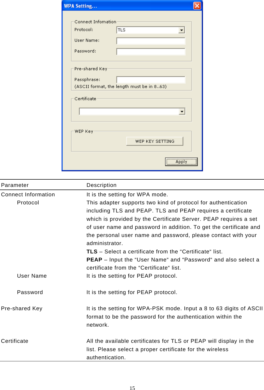  15    Parameter Description Connect Information  It is the setting for WPA mode.          Protocol  This adapter supports two kind of protocol for authentication including TLS and PEAP. TLS and PEAP requires a certificate which is provided by the Certificate Server. PEAP requires a set of user name and password in addition. To get the certificate and the personal user name and password, please contact with your administrator. TLS – Select a certificate from the “Certificate“ list. PEAP – Input the “User Name“ and “Password“ and also select a certificate from the “Certificate“ list.          User Name  It is the setting for PEAP protocol.            Password  It is the setting for PEAP protocol.   Pre-shared Key  It is the setting for WPA-PSK mode. Input a 8 to 63 digits of ASCII format to be the password for the authentication within the network.   Certificate  All the available certificates for TLS or PEAP will display in the list. Please select a proper certificate for the wireless authentication.    