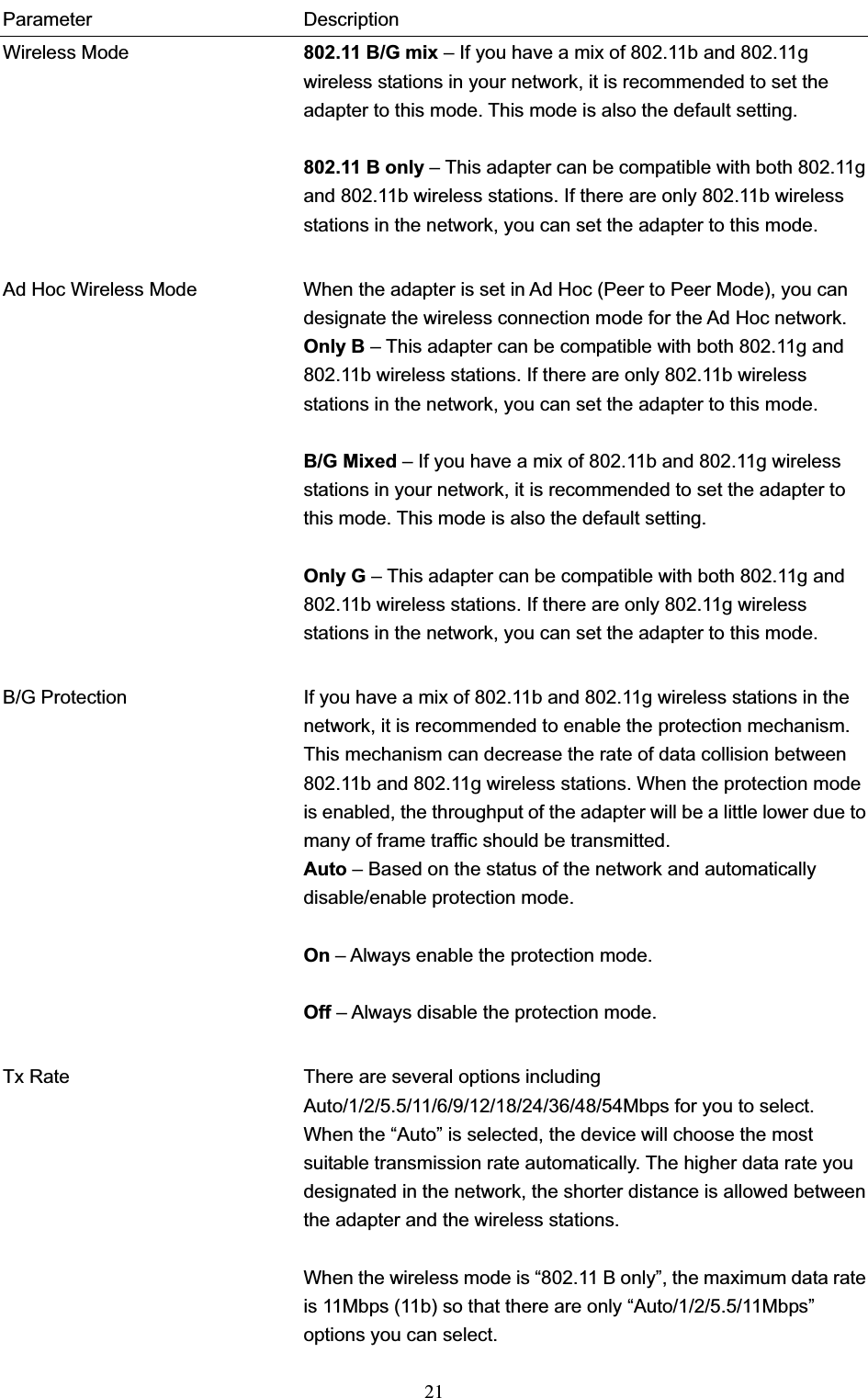 21Parameter Description Wireless Mode  802.11 B/G mix – If you have a mix of 802.11b and 802.11g wireless stations in your network, it is recommended to set the adapter to this mode. This mode is also the default setting. 802.11 B only – This adapter can be compatible with both 802.11g and 802.11b wireless stations. If there are only 802.11b wireless stations in the network, you can set the adapter to this mode. Ad Hoc Wireless Mode  When the adapter is set in Ad Hoc (Peer to Peer Mode), you can designate the wireless connection mode for the Ad Hoc network. Only B – This adapter can be compatible with both 802.11g and 802.11b wireless stations. If there are only 802.11b wireless stations in the network, you can set the adapter to this mode. B/G Mixed – If you have a mix of 802.11b and 802.11g wireless stations in your network, it is recommended to set the adapter to this mode. This mode is also the default setting. Only G – This adapter can be compatible with both 802.11g and 802.11b wireless stations. If there are only 802.11g wireless stations in the network, you can set the adapter to this mode.B/G Protection  If you have a mix of 802.11b and 802.11g wireless stations in the network, it is recommended to enable the protection mechanism. This mechanism can decrease the rate of data collision between 802.11b and 802.11g wireless stations. When the protection mode is enabled, the throughput of the adapter will be a little lower due to many of frame traffic should be transmitted. Auto – Based on the status of the network and automatically disable/enable protection mode. On – Always enable the protection mode. Off – Always disable the protection mode. Tx Rate  There are several options including Auto/1/2/5.5/11/6/9/12/18/24/36/48/54Mbps for you to select. When the “Auto” is selected, the device will choose the most suitable transmission rate automatically. The higher data rate you designated in the network, the shorter distance is allowed between the adapter and the wireless stations. When the wireless mode is “802.11 B only”, the maximum data rate is 11Mbps (11b) so that there are only “Auto/1/2/5.5/11Mbps” options you can select. 