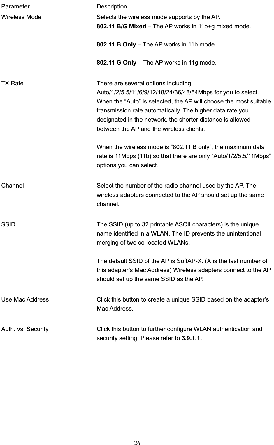 26Parameter Description Wireless Mode  Selects the wireless mode supports by the AP. 802.11 B/G Mixed – The AP works in 11b+g mixed mode. 802.11 B Only – The AP works in 11b mode. 802.11 G Only – The AP works in 11g mode. TX Rate  There are several options including Auto/1/2/5.5/11/6/9/12/18/24/36/48/54Mbps for you to select. When the “Auto” is selected, the AP will choose the most suitable transmission rate automatically. The higher data rate you designated in the network, the shorter distance is allowed between the AP and the wireless clients. When the wireless mode is “802.11 B only”, the maximum data rate is 11Mbps (11b) so that there are only “Auto/1/2/5.5/11Mbps” options you can select. Channel  Select the number of the radio channel used by the AP. The wireless adapters connected to the AP should set up the same channel. SSID  The SSID (up to 32 printable ASCII characters) is the unique name identified in a WLAN. The ID prevents the unintentional merging of two co-located WLANs. The default SSID of the AP is SoftAP-X. (X is the last number of this adapter’s Mac Address) Wireless adapters connect to the AP should set up the same SSID as the AP. Use Mac Address  Click this button to create a unique SSID based on the adapter’s Mac Address.Auth. vs. Security  Click this button to further configure WLAN authentication and security setting. Please refer to 3.9.1.1.