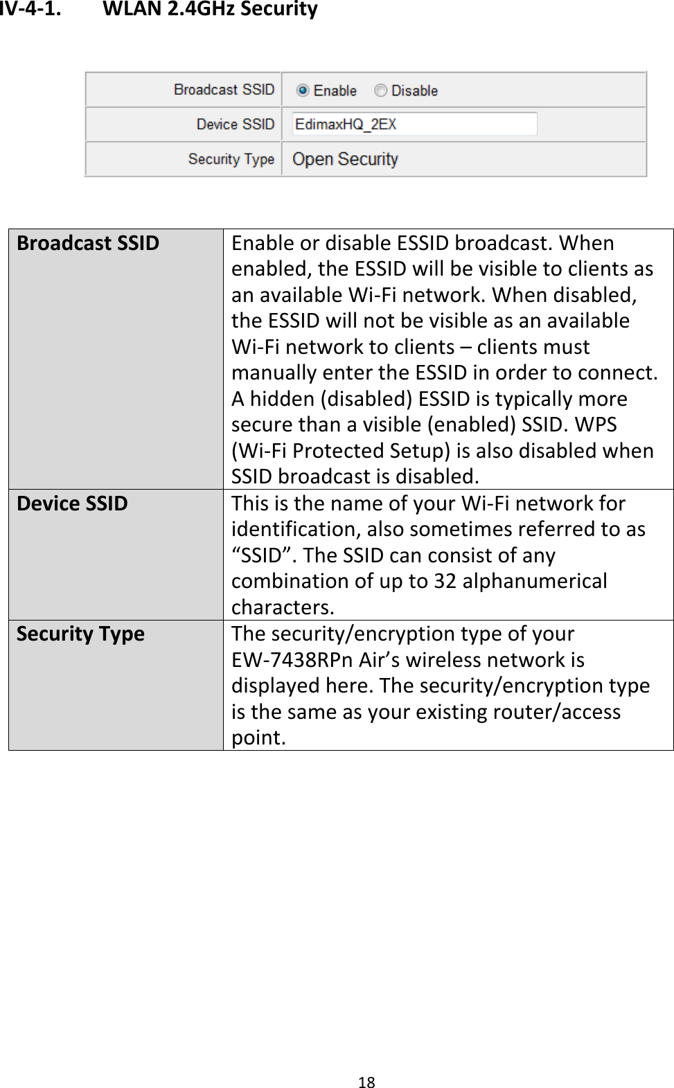 18 IV-4-1.    WLAN 2.4GHz Security    Broadcast SSID Enable or disable ESSID broadcast. When enabled, the ESSID will be visible to clients as an available Wi-Fi network. When disabled, the ESSID will not be visible as an available Wi-Fi network to clients – clients must manually enter the ESSID in order to connect. A hidden (disabled) ESSID is typically more secure than a visible (enabled) SSID. WPS (Wi-Fi Protected Setup) is also disabled when SSID broadcast is disabled. Device SSID This is the name of your Wi-Fi network for identification, also sometimes referred to as “SSID”. The SSID can consist of any combination of up to 32 alphanumerical characters. Security Type The security/encryption type of your EW-7438RPn Air’s wireless network is displayed here. The security/encryption type is the same as your existing router/access point.   