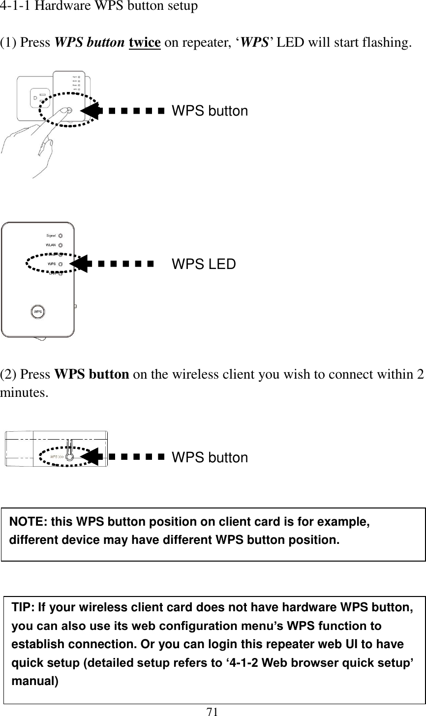 71  4-1-1 Hardware WPS button setup  (1) Press WPS button twice on repeater, „WPS‟ LED will start flashing.       (2) Press WPS button on the wireless client you wish to connect within 2 minutes.                 WPS LED WPS button NOTE: this WPS button position on client card is for example, different device may have different WPS button position. TIP: If your wireless client card does not have hardware WPS button, you can also use its web configuration menu’s WPS function to establish connection. Or you can login this repeater web UI to have quick setup (detailed setup refers to ‘4-1-2 Web browser quick setup’ manual) WPS button 
