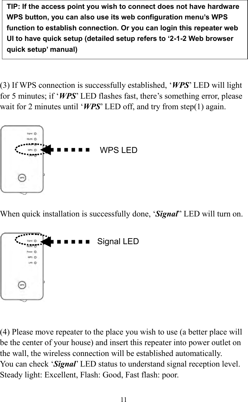  11           (3) If WPS connection is successfully established, ‘WPS’ LED will light for 5 minutes; if ‘WPS’ LED flashes fast, there’s something error, please wait for 2 minutes until ‘WPS’ LED off, and try from step(1) again.      When quick installation is successfully done, ‘Signal” LED will turn on.     (4) Please move repeater to the place you wish to use (a better place will be the center of your house) and insert this repeater into power outlet on the wall, the wireless connection will be established automatically.   You can check ‘Signal’ LED status to understand signal reception level.   Steady light: Excellent, Flash: Good, Fast flash: poor.  TIP: If the access point you wish to connect does not have hardware WPS button, you can also use its web configuration menu’s WPS function to establish connection. Or you can login this repeater web UI to have quick setup (detailed setup refers to ‘2-1-2 Web browser quick setup’ manual)   manual)  WPS LED Signal LED 