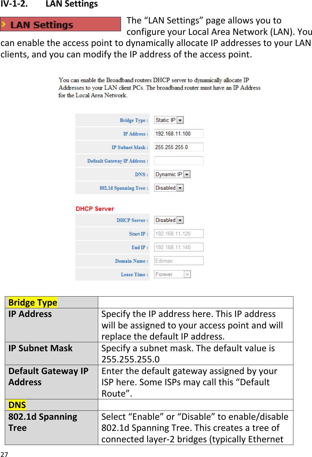 27  IV-1-2.   LAN Settings The “LAN Settings” page allows you to configure your Local Area Network (LAN). You can enable the access point to dynamically allocate IP addresses to your LAN clients, and you can modify the IP address of the access point.    Bridge Type  IP Address Specify the IP address here. This IP address will be assigned to your access point and will replace the default IP address. IP Subnet Mask Specify a subnet mask. The default value is 255.255.255.0 Default Gateway IP Address Enter the default gateway assigned by your ISP here. Some ISPs may call this “Default Route”. DNS  802.1d Spanning Tree Select “Enable” or “Disable” to enable/disable 802.1d Spanning Tree. This creates a tree of connected layer-2 bridges (typically Ethernet 